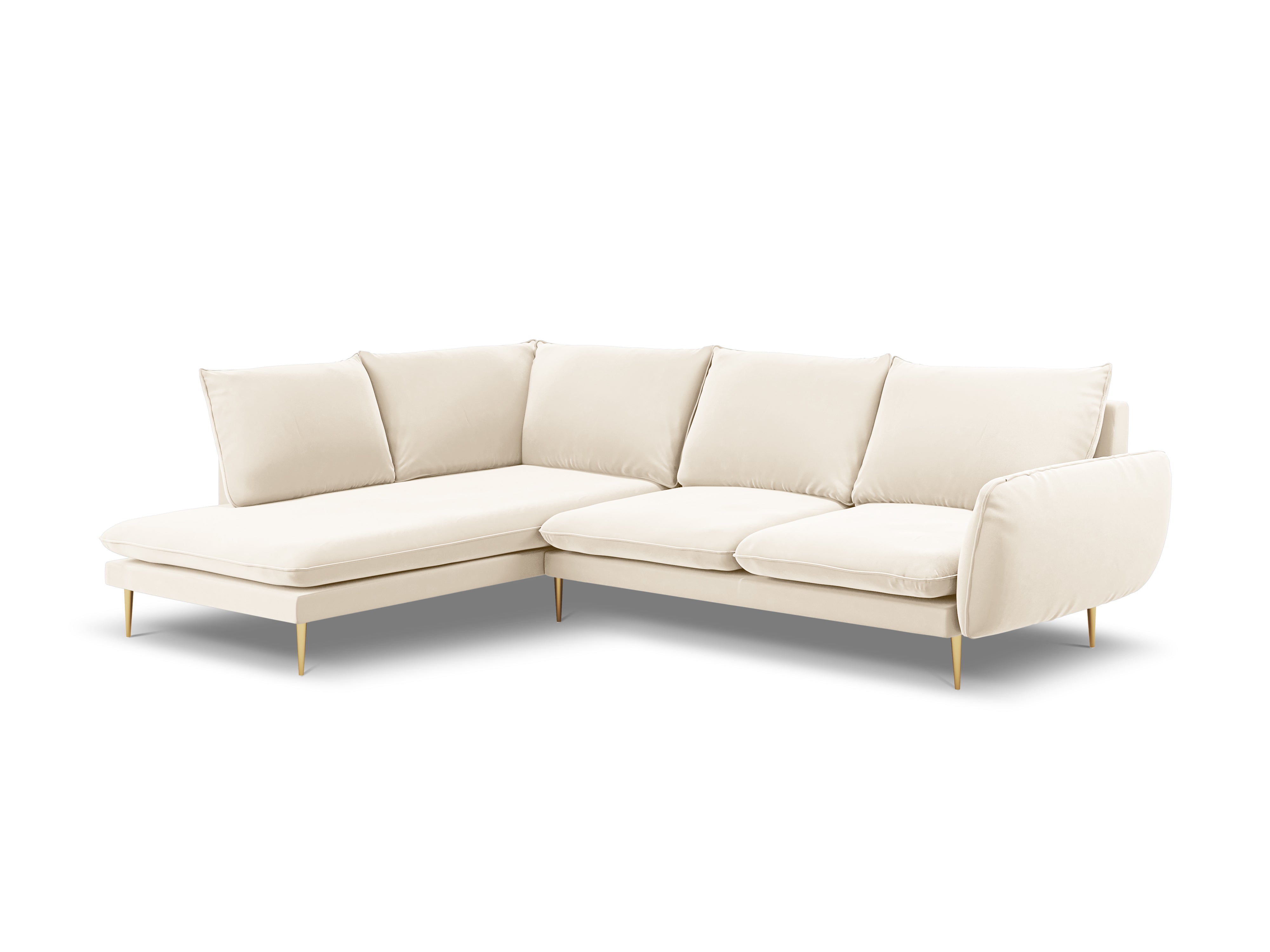 Velvet Corner Sofa for 6 People, Left Side VIENNA in Beige with Gold Base