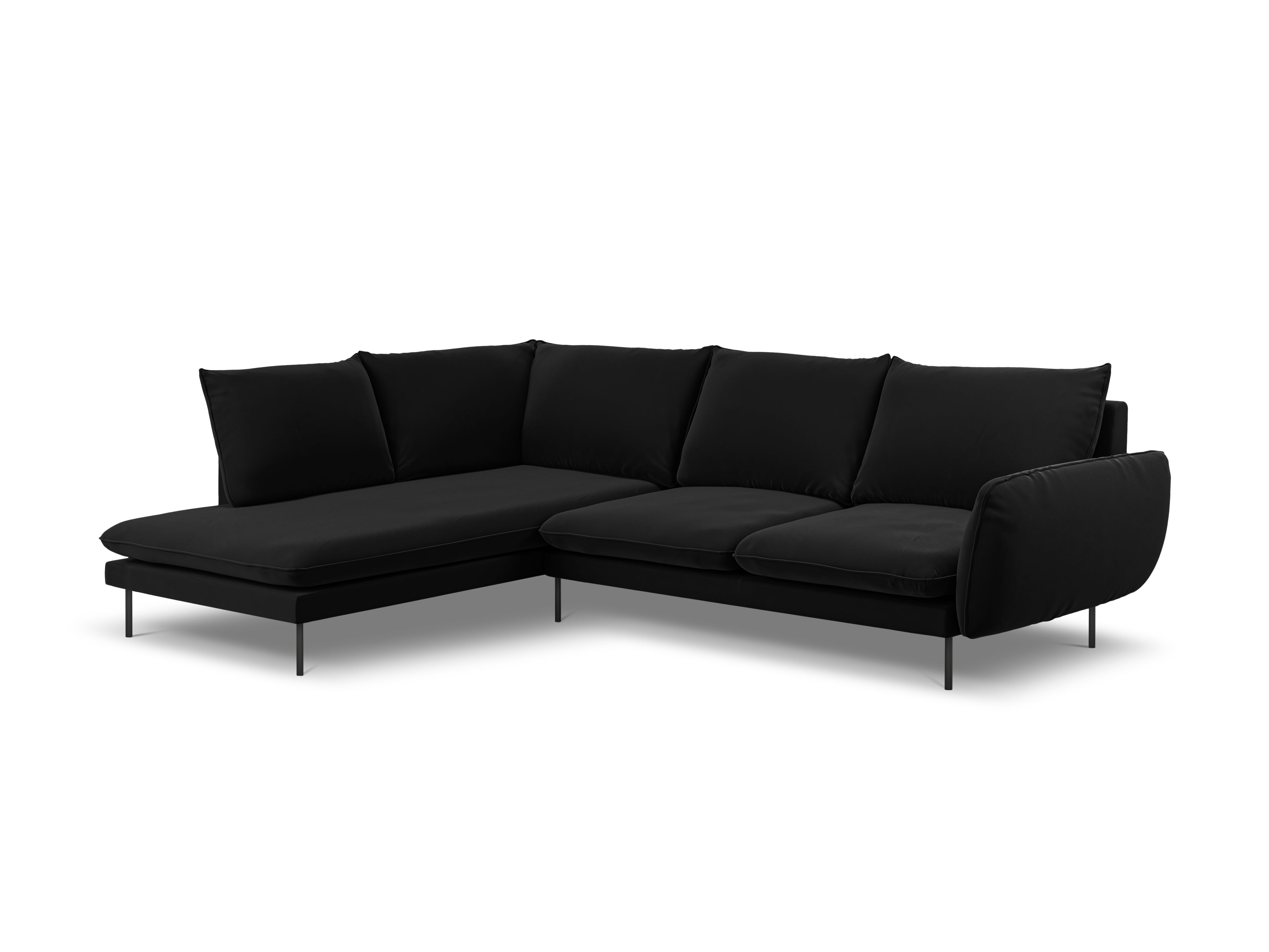 Left-facing velvet corner sofa for 5 people VIENNA in black with a black base