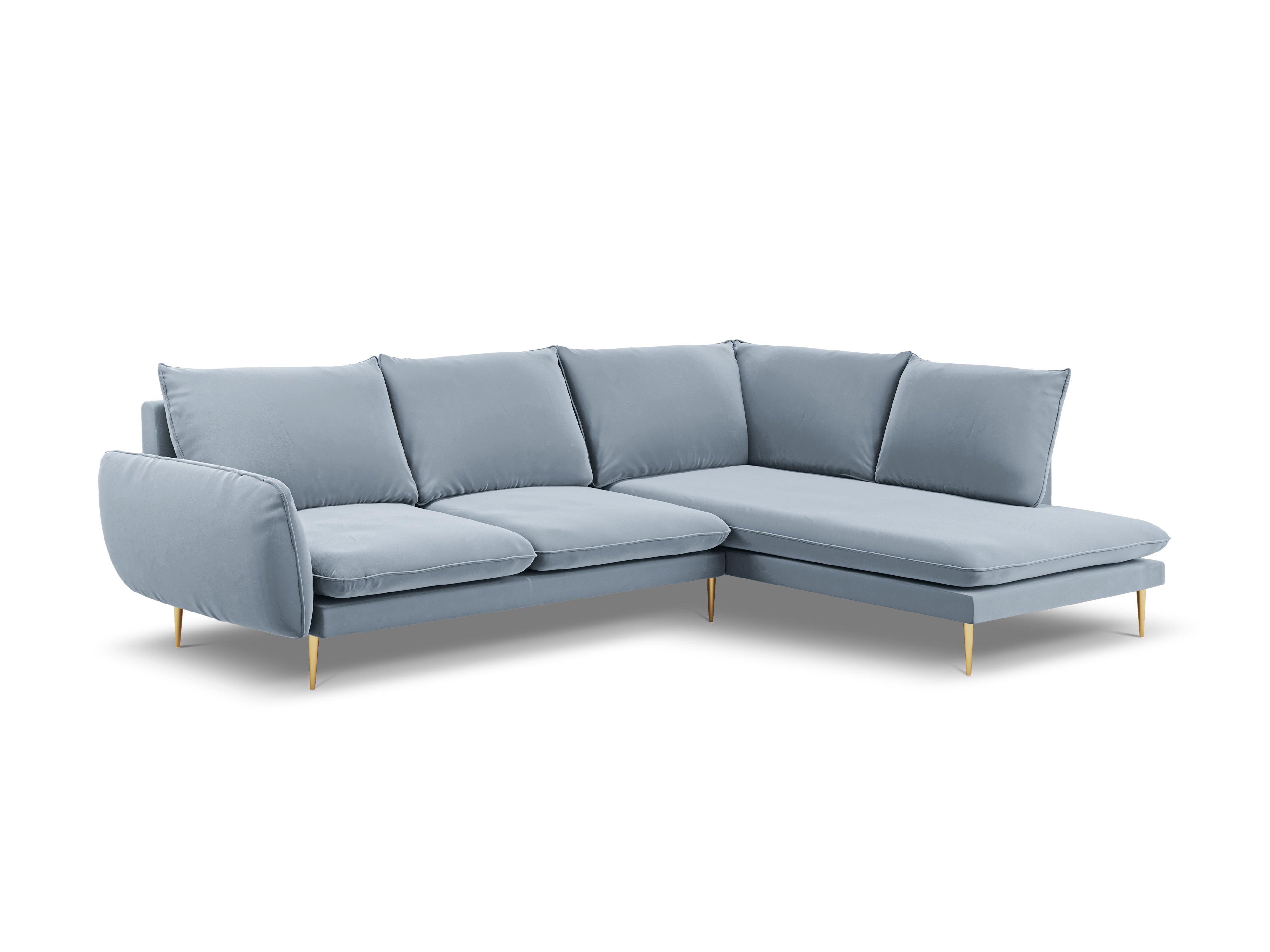 Velvet corner sofa for 6 people, right-facing VIENNA in light blue with a gold base