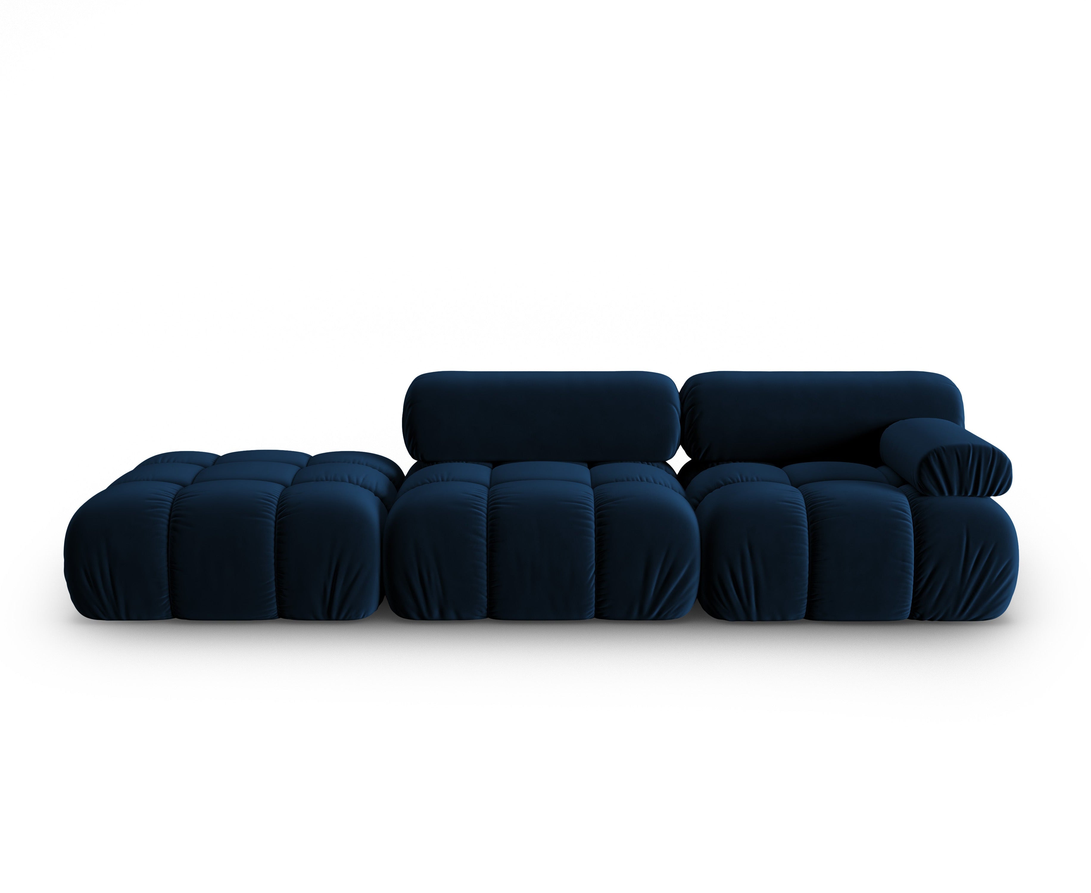 Sofa z aksamitného materiálu, 3-osobová, otevřená, levostranná, CORTINA v královské modré barvě.