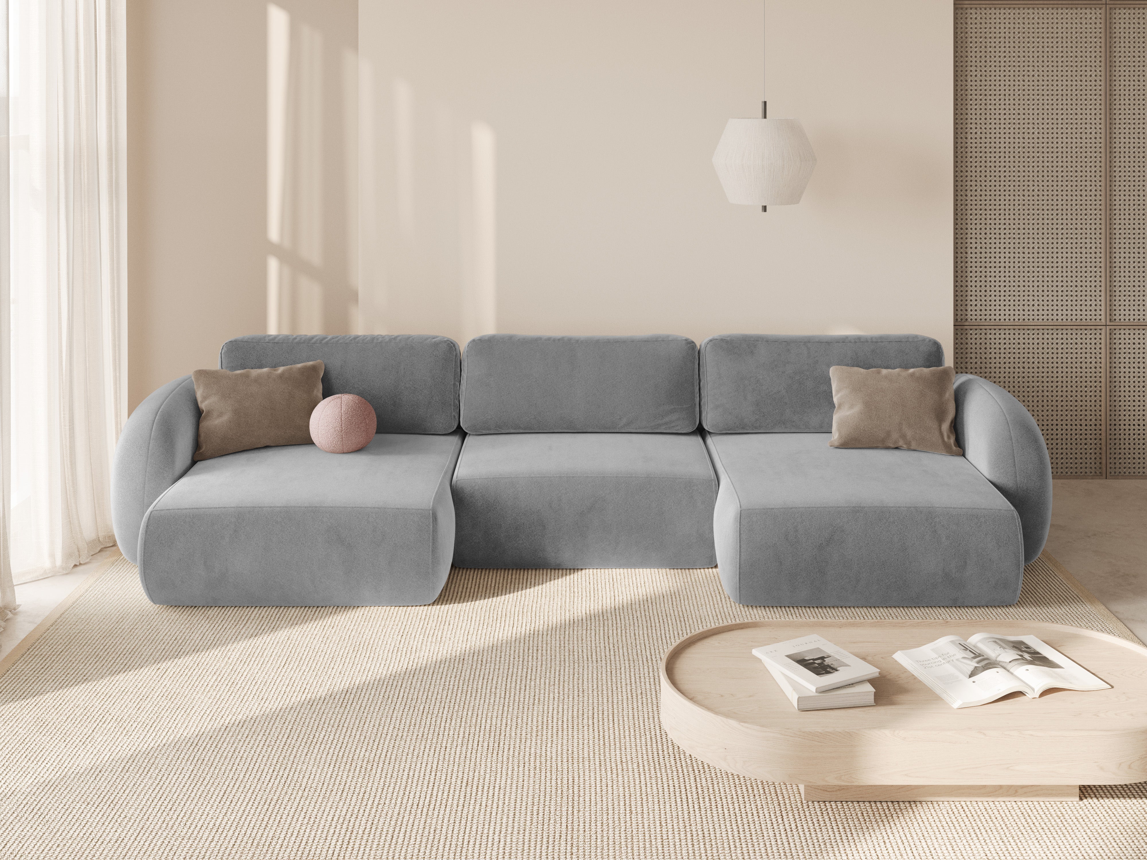 Panoramic Velvet Sofa with Sleeping Function for 5 People TONALE Light Gray