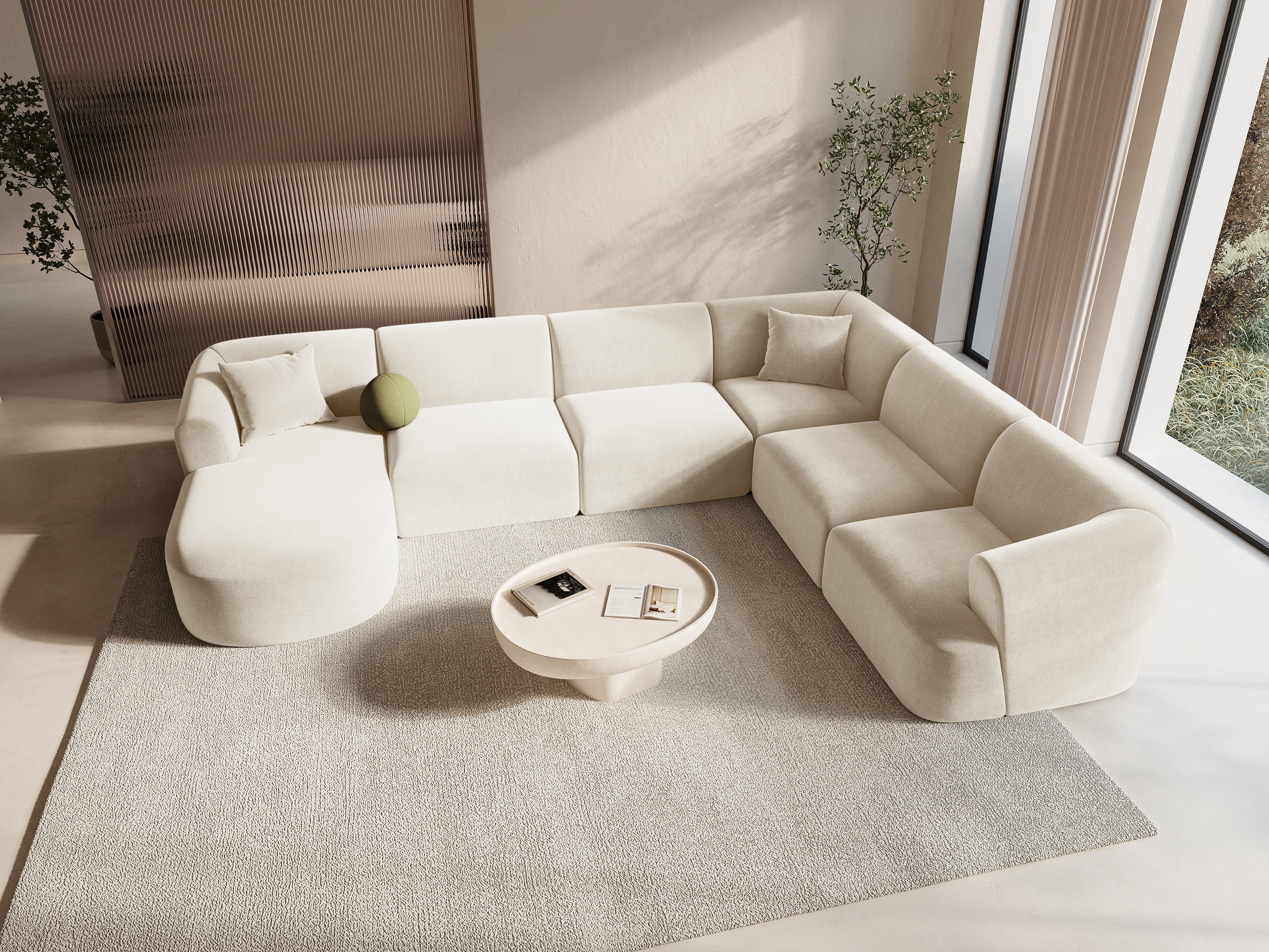 Right-facing velvet panoramic corner sofa for 7 people CAMPI light beige