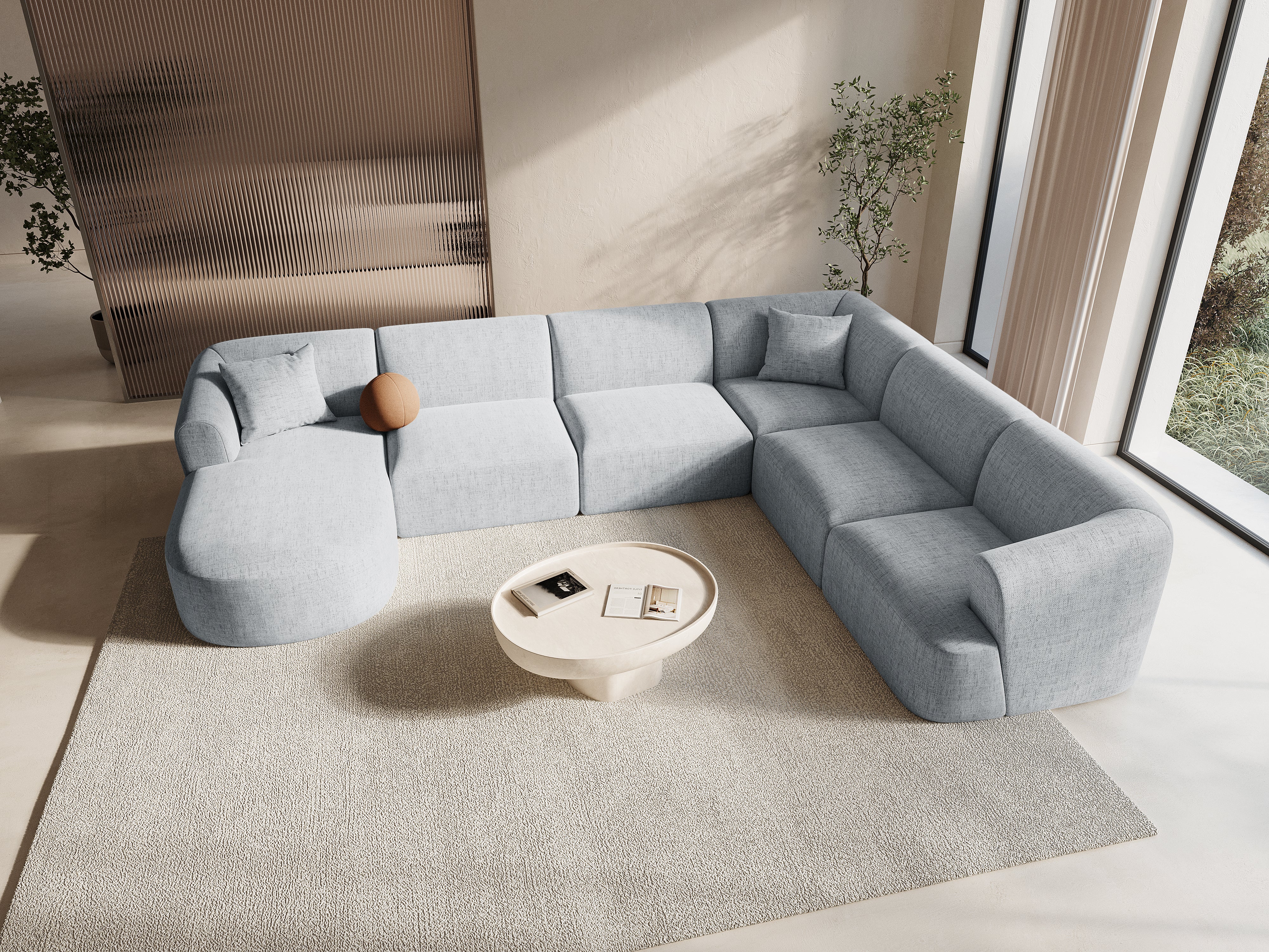 Right-sided panoramic corner sofa for 7 people CAMPI light gray chenille