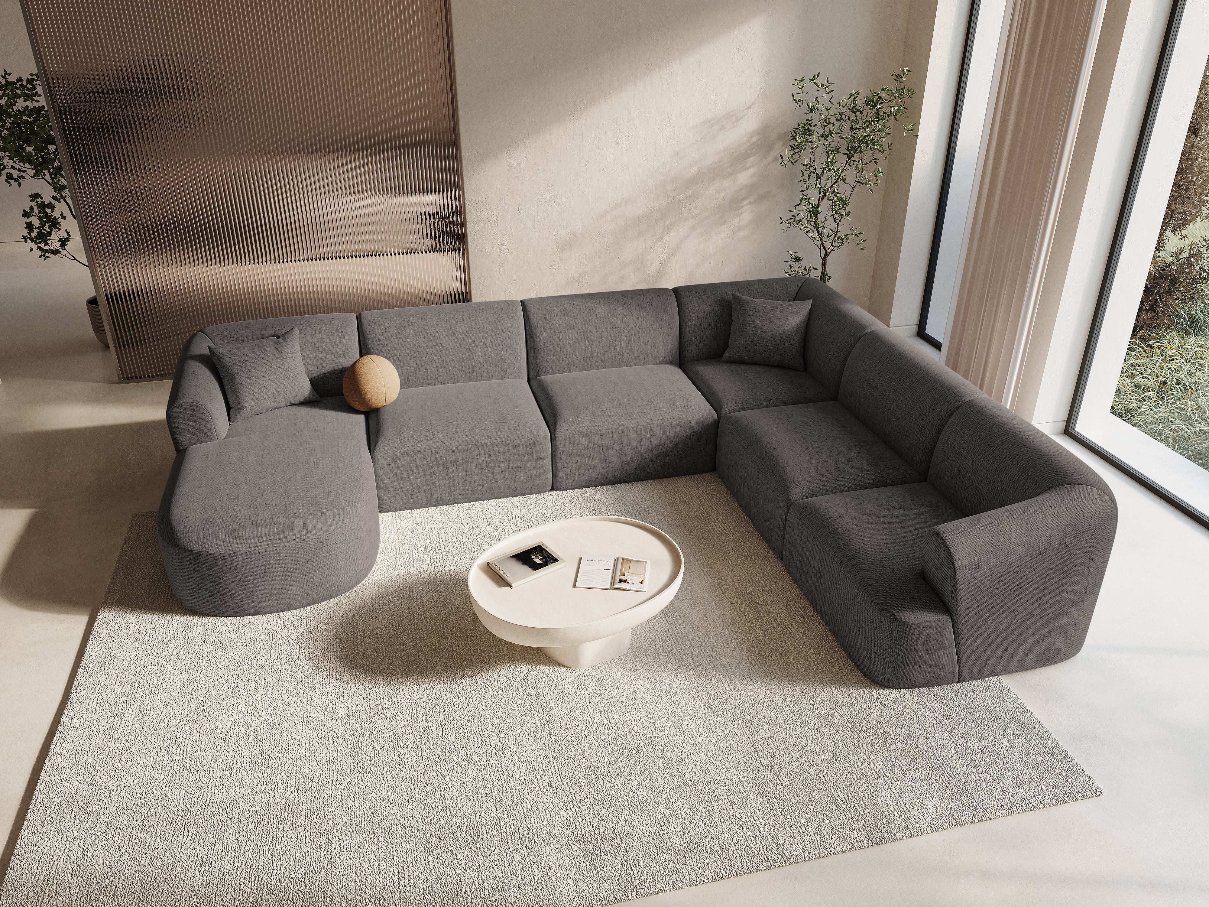 Right-facing panoramic corner sofa for 7 people CAMPI gray chenille