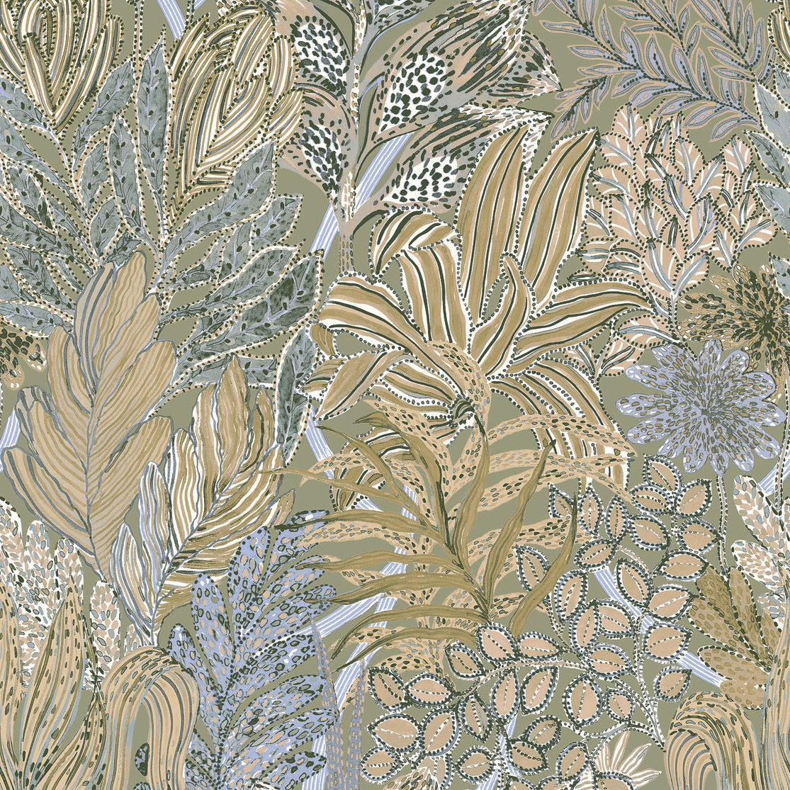 Tapeta s motivem tropických listů BORROMMEE - SAUGE/LILAS béžová s lila