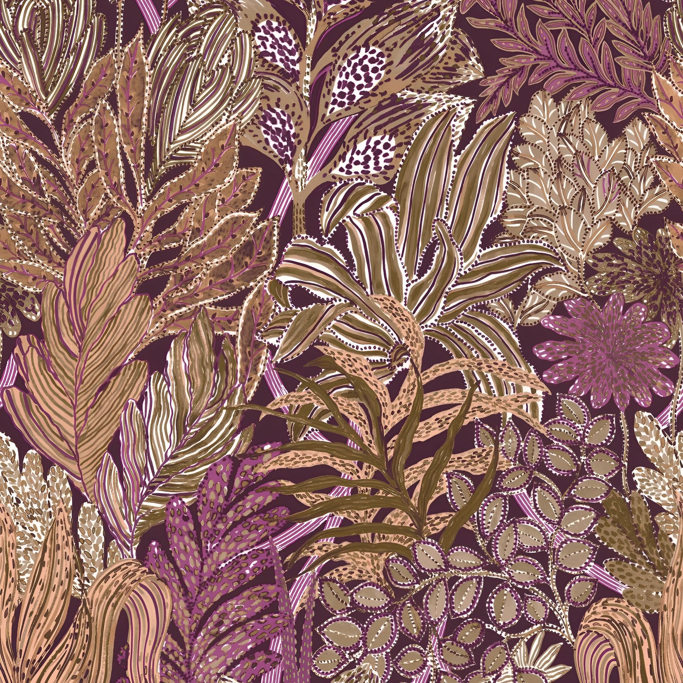 Tropical Leaf Pattern Wallpaper BORROMMEE - PURPLE/OLIVE purple with olive