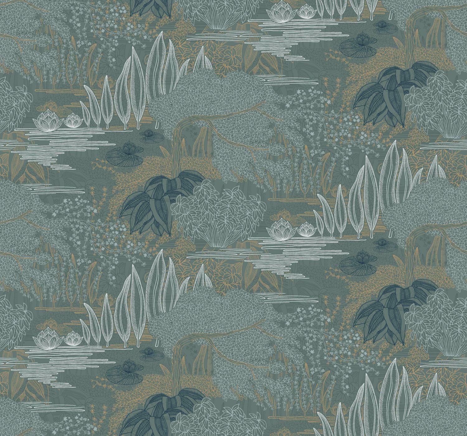 Tapeta s rostlinnou krajinou vodní zahrady JASMIN - VERT DE GRIS/DORÉ zelená se zlatou