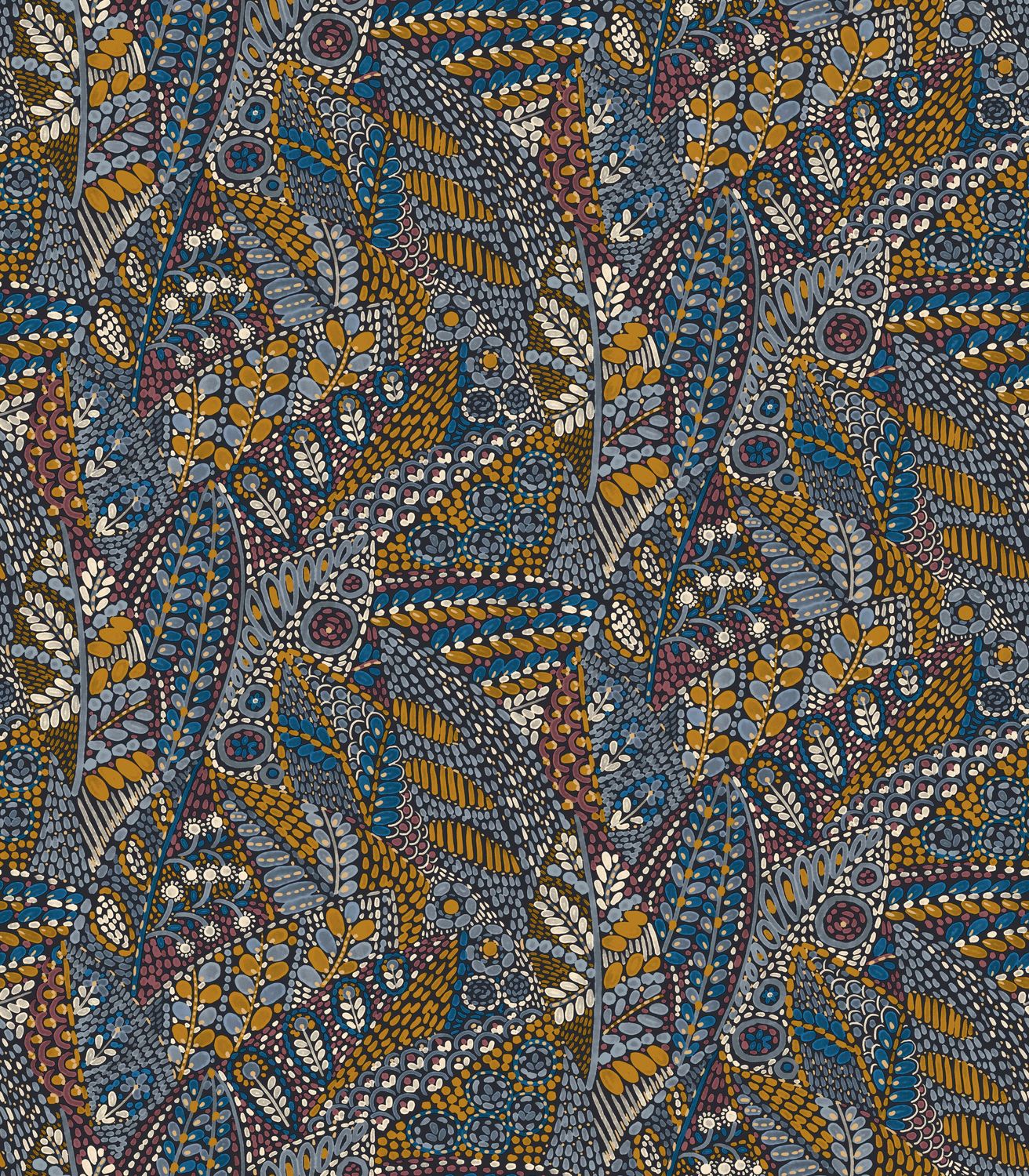 Tapeta s rostlinným motivem listů TALAVERA - MARINE OCLE modrá s oranžovou