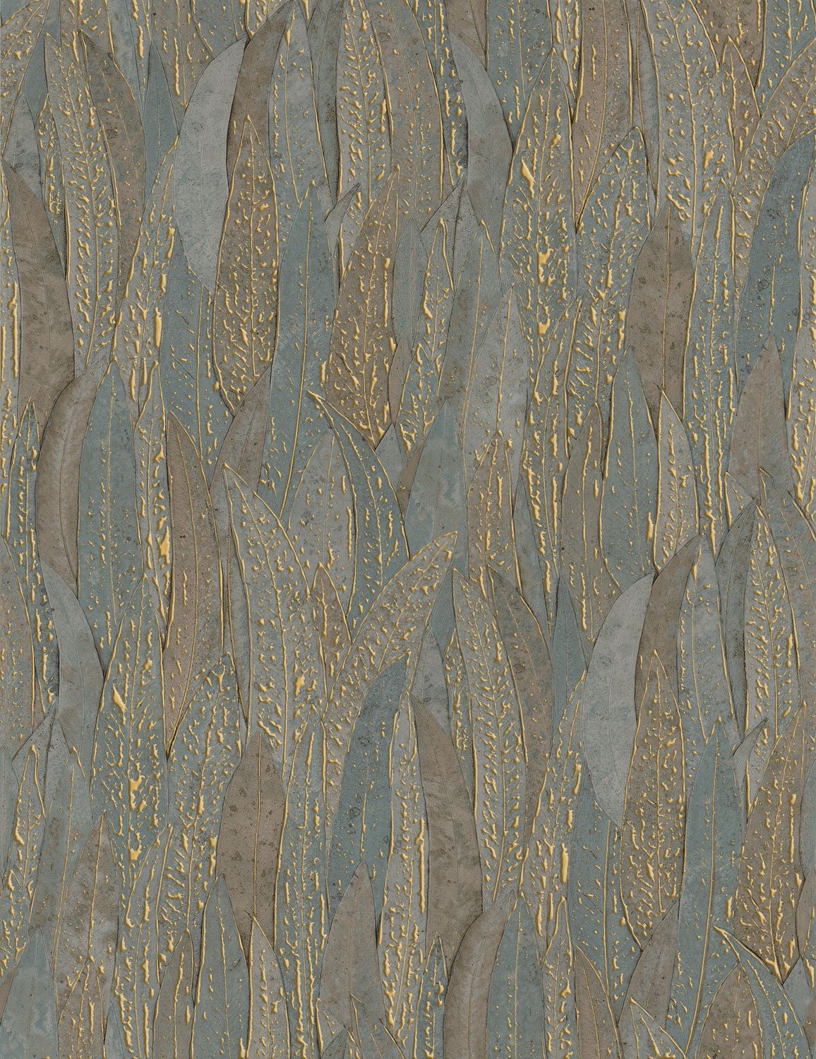Metallic wallpaper with a eucalyptus leaf plant motif CINEREA - VERT green with gold