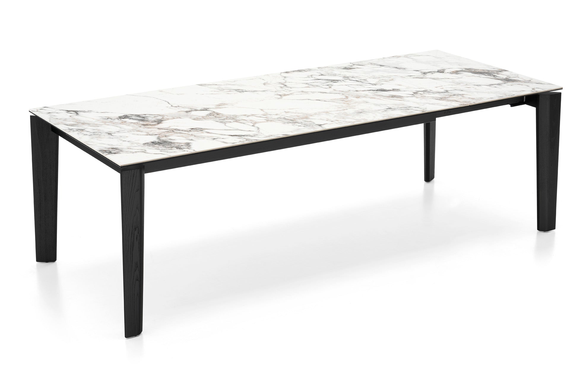 Extendable table DOGMA with a white top and black wooden base