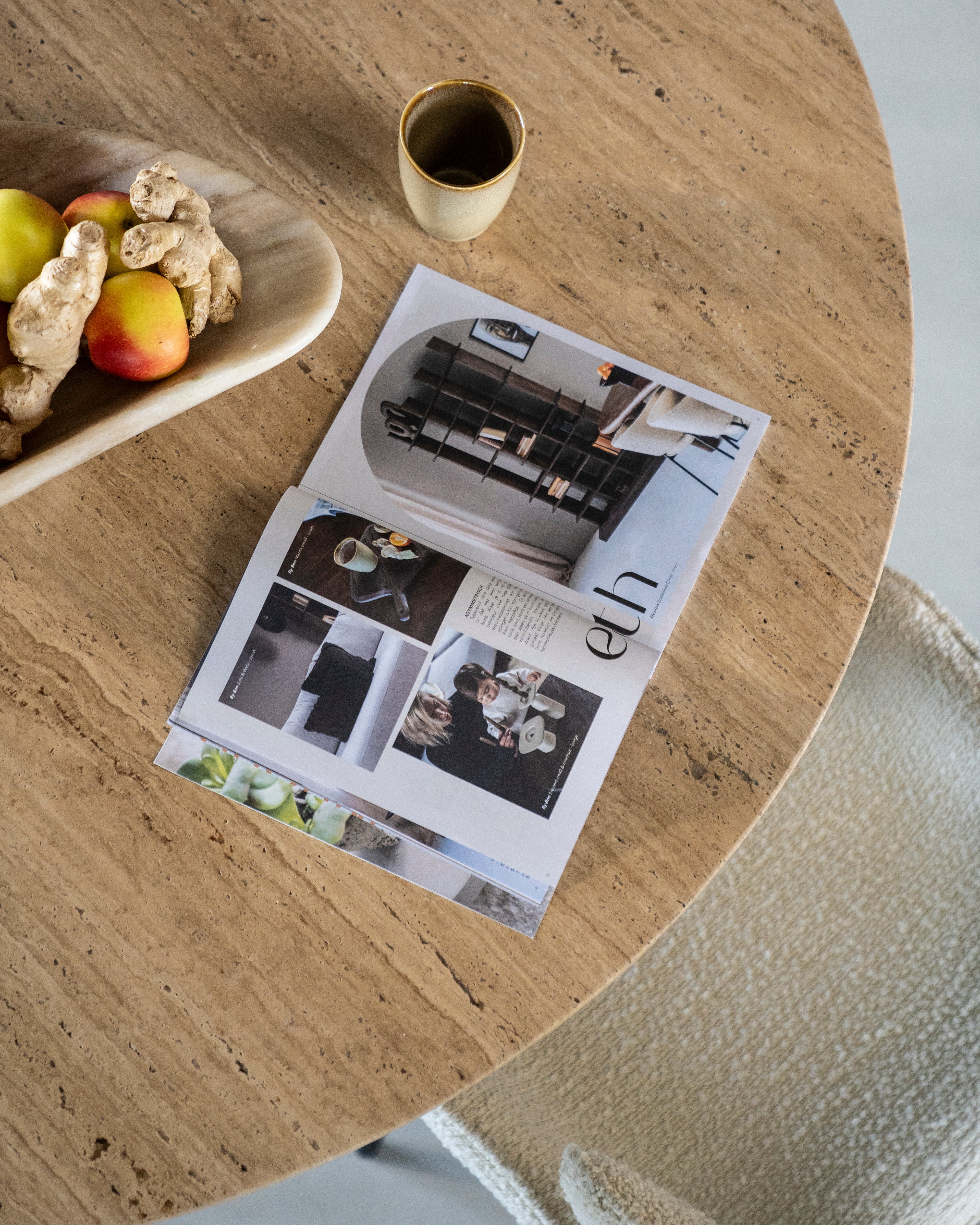 Round Table AIKIN Travertine with Wooden Base