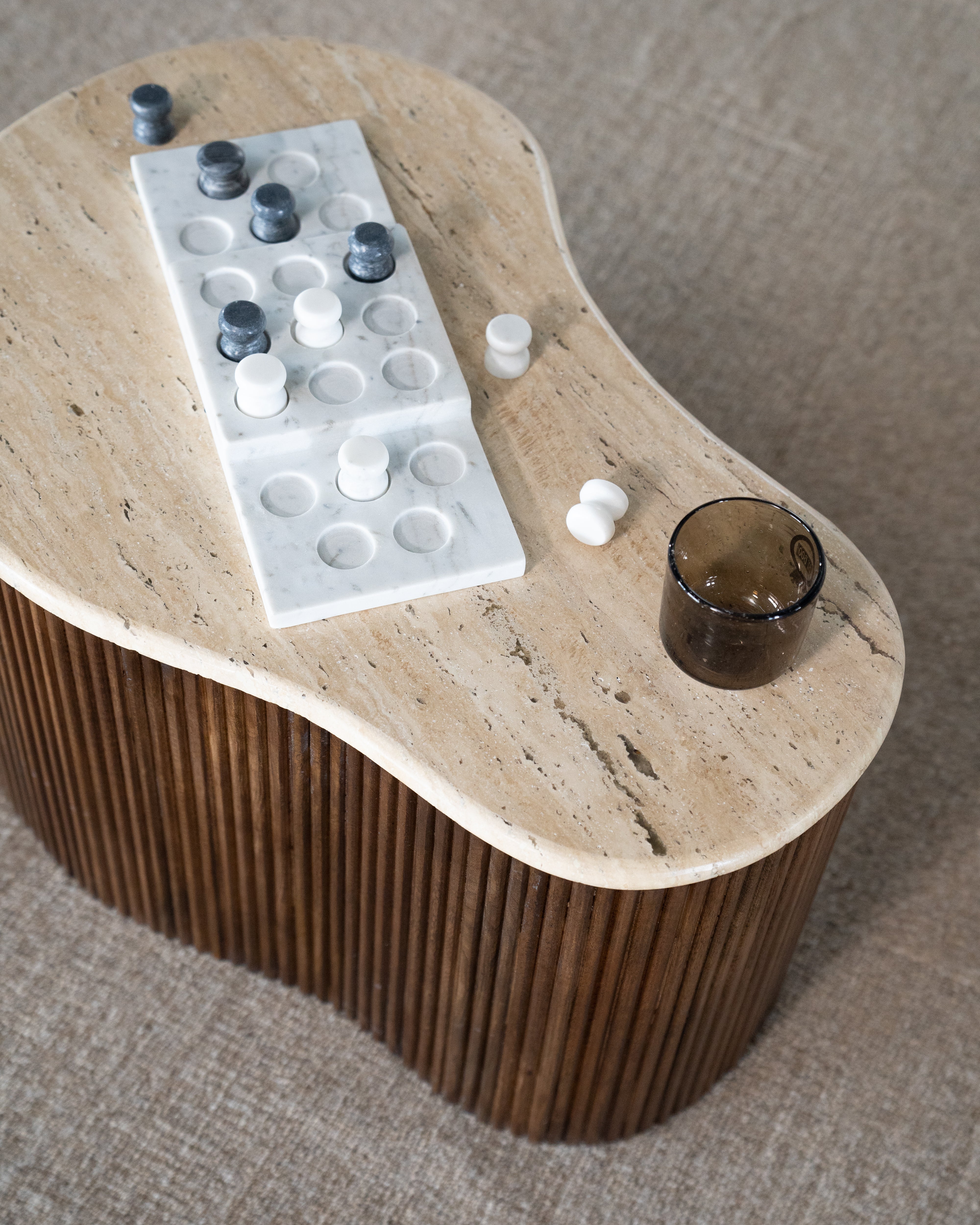 MARI coffee table made of mango wood with a travertine top