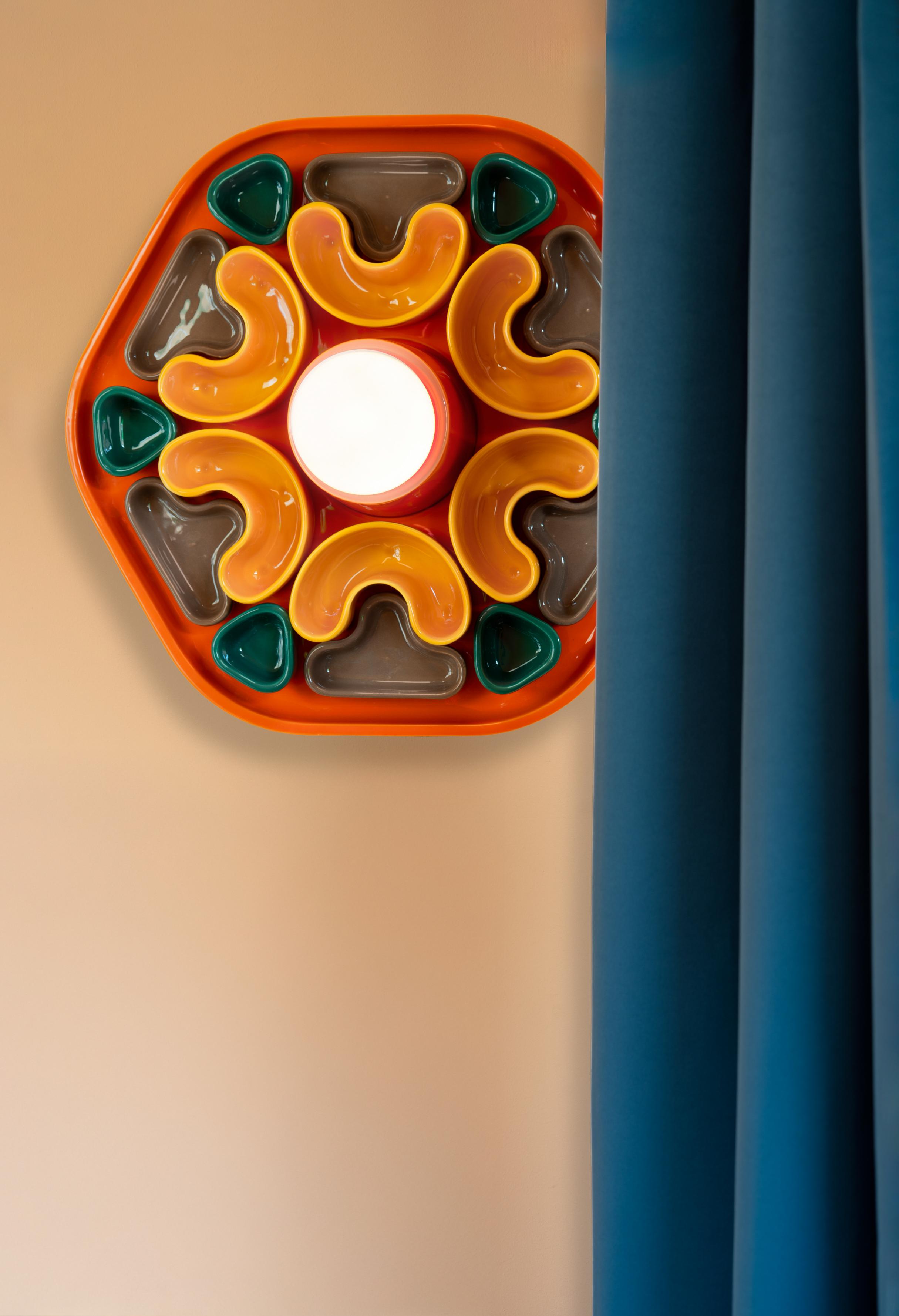 Ceramic wall lamp PHYTIA in orange with yellow, brown, and green