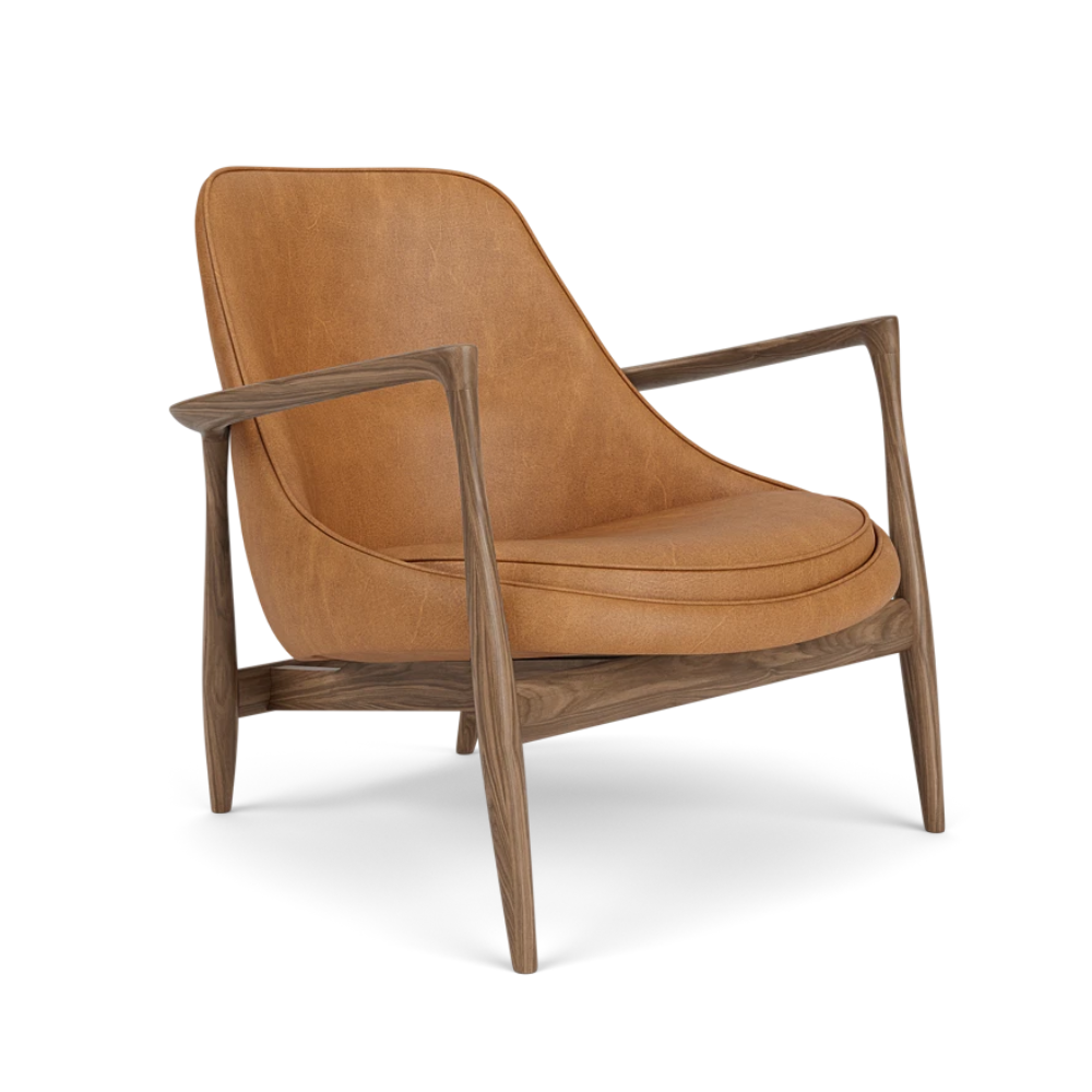 ELIZABETH armchair in cognac leather with walnut base