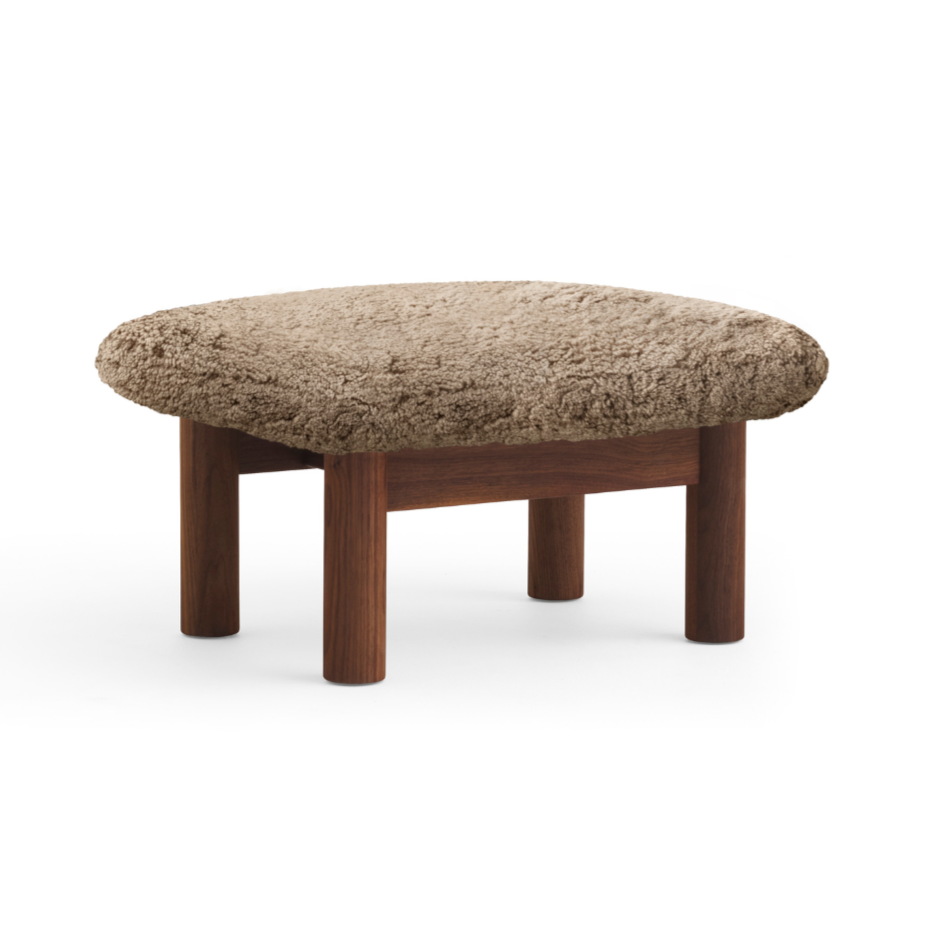 BRASILIA footstool beige sheep leather with dark oak base