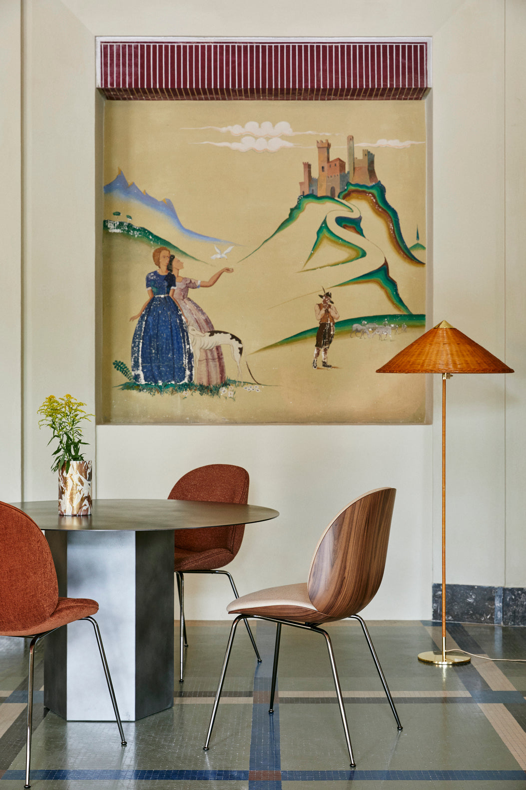 Stojací lampa 9602 mosaz s ratanovým stínidlem