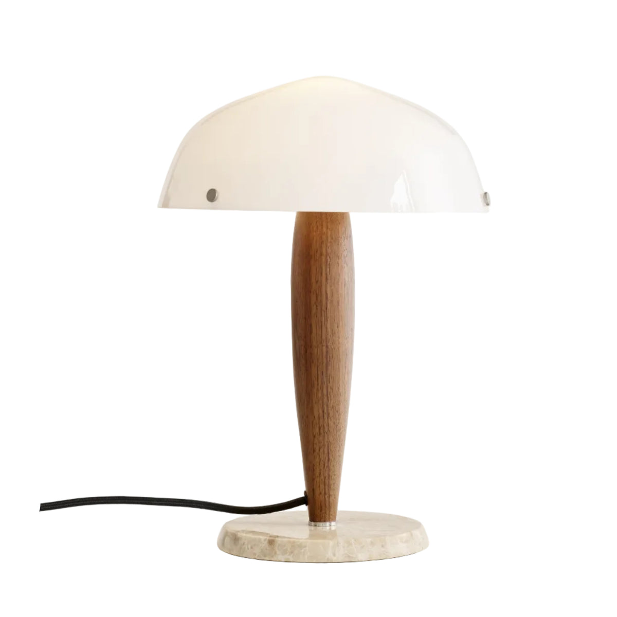 Stolní lampa HERMAN SHY3 opálové sklo s ořechovým dřevem a krémovým mramorovým podstavcem