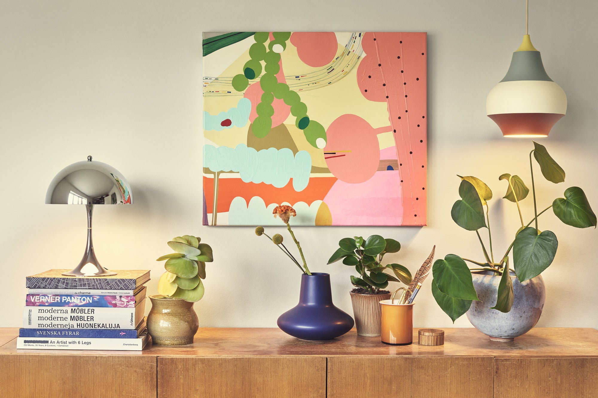 Závěsná lampa CIRQUE měděno-bílo-modrá se žlutým koncem