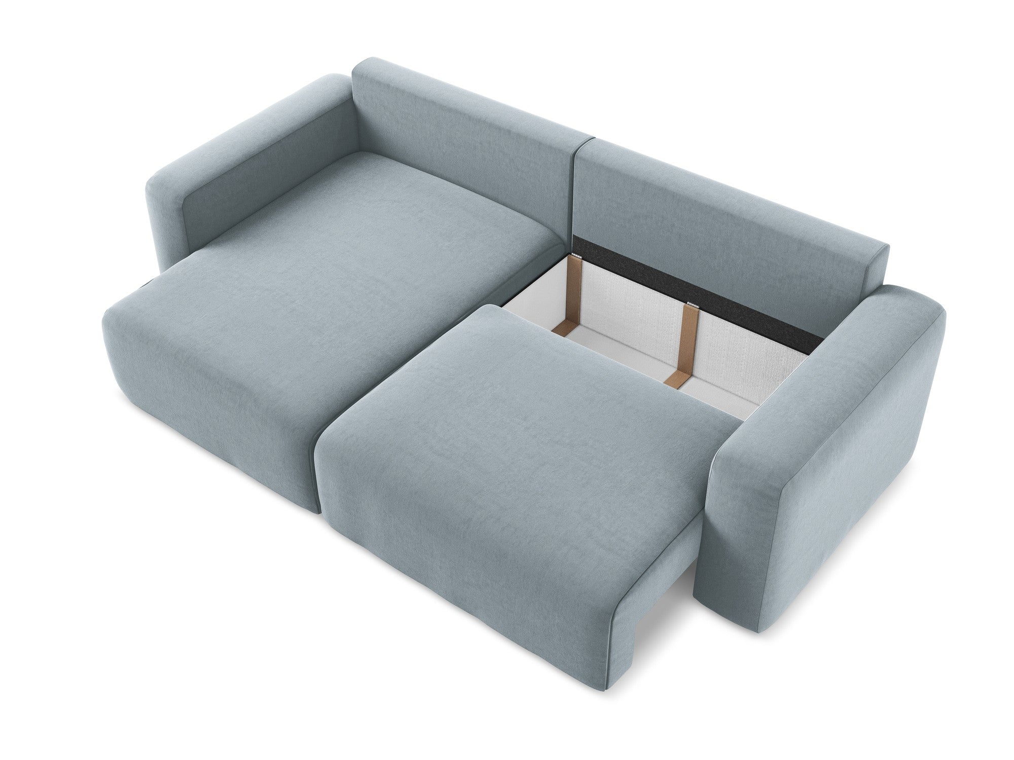 Left-facing velvet corner sofa bed KONA light blue