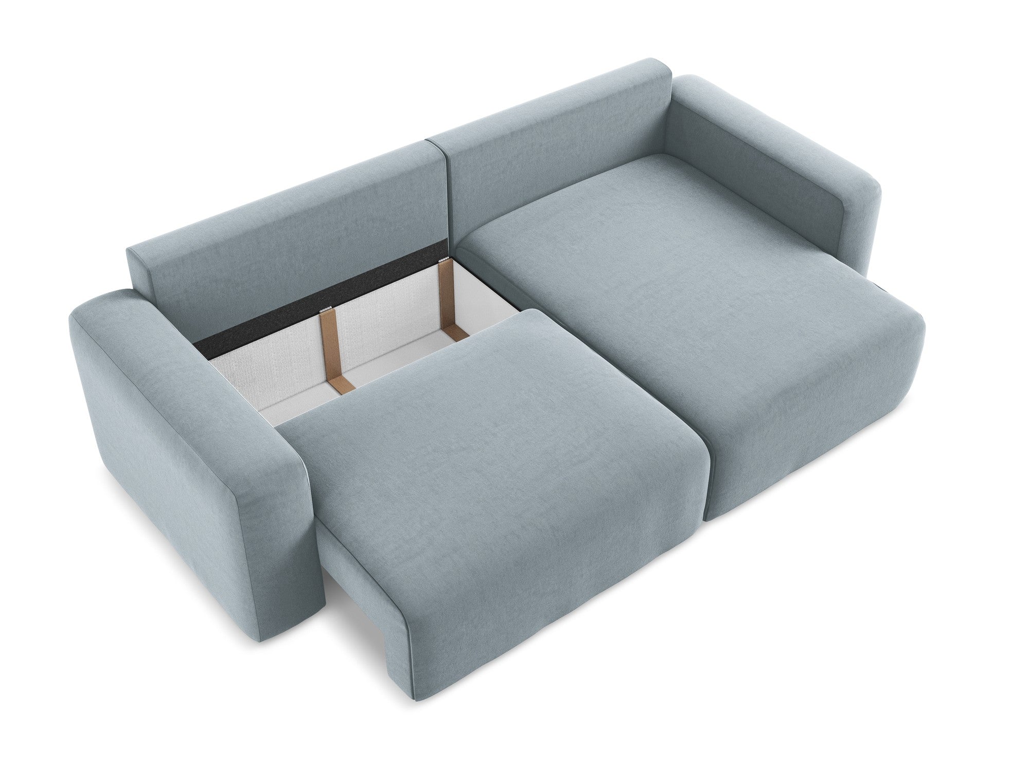 Right-facing velvet corner sofa bed KONA light blue