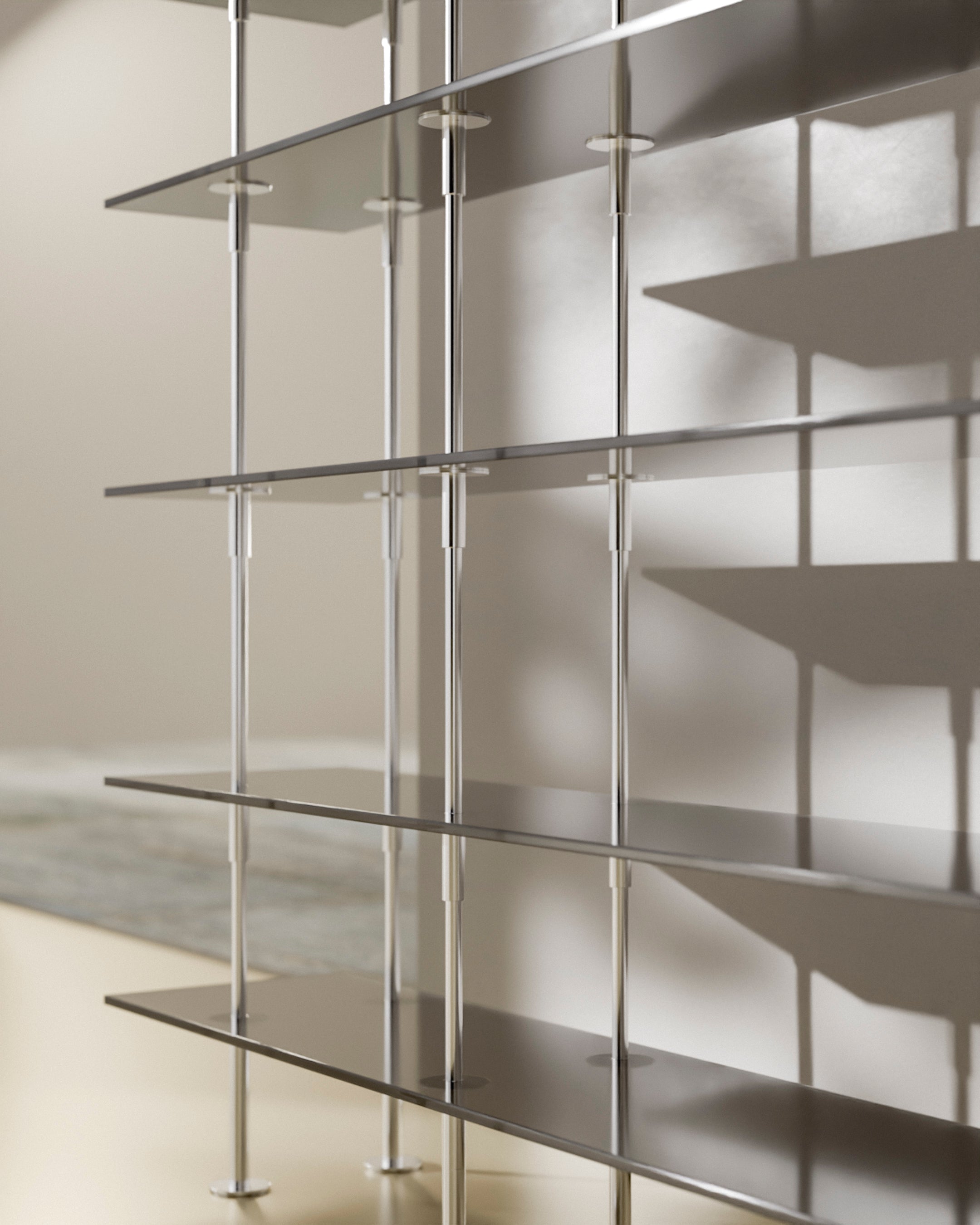 KEEN Shelf with Smoky Glass and Satin Steel Frame