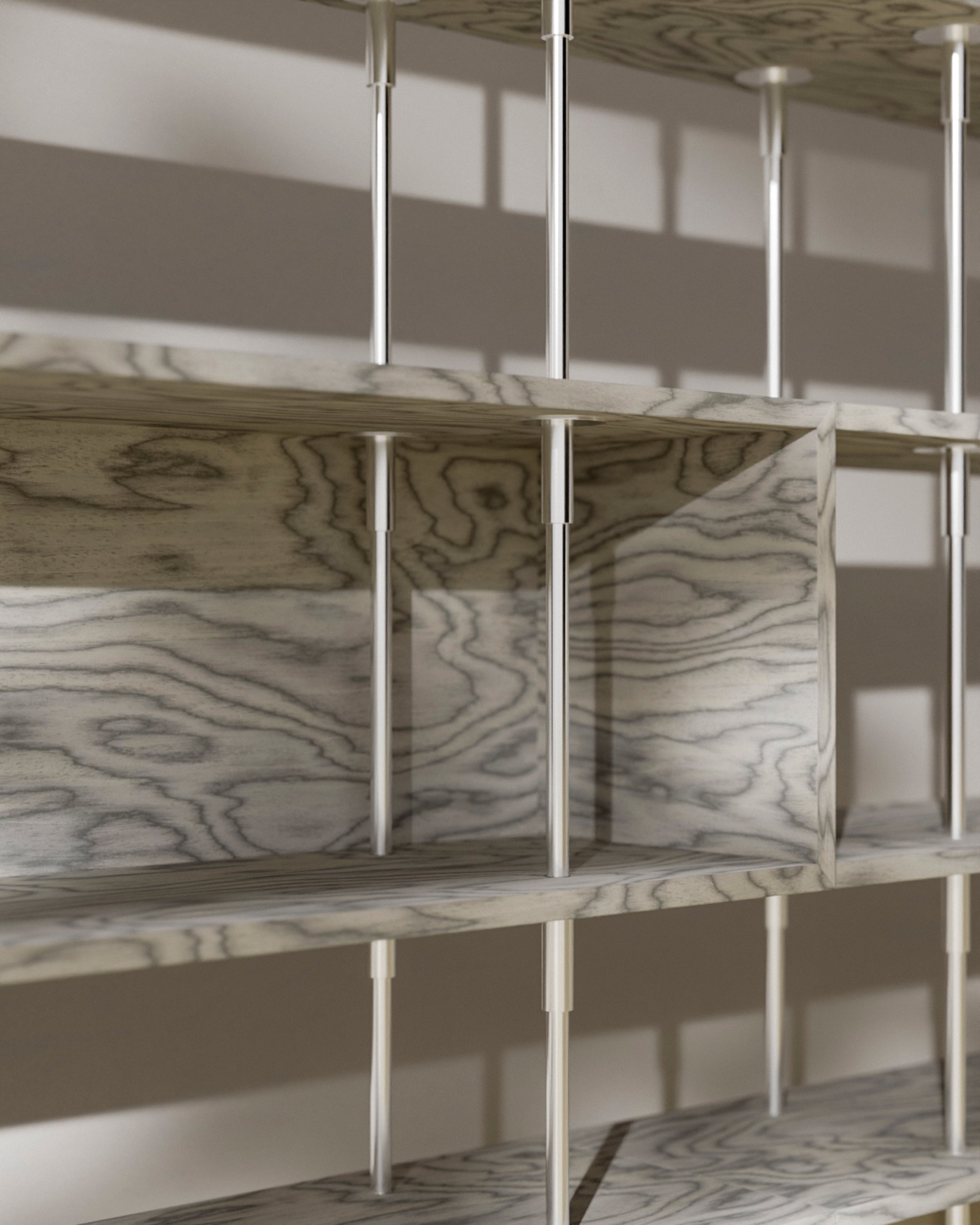 Regál KEEN BOX šedé dřevo se saténovým ocelovým rámem