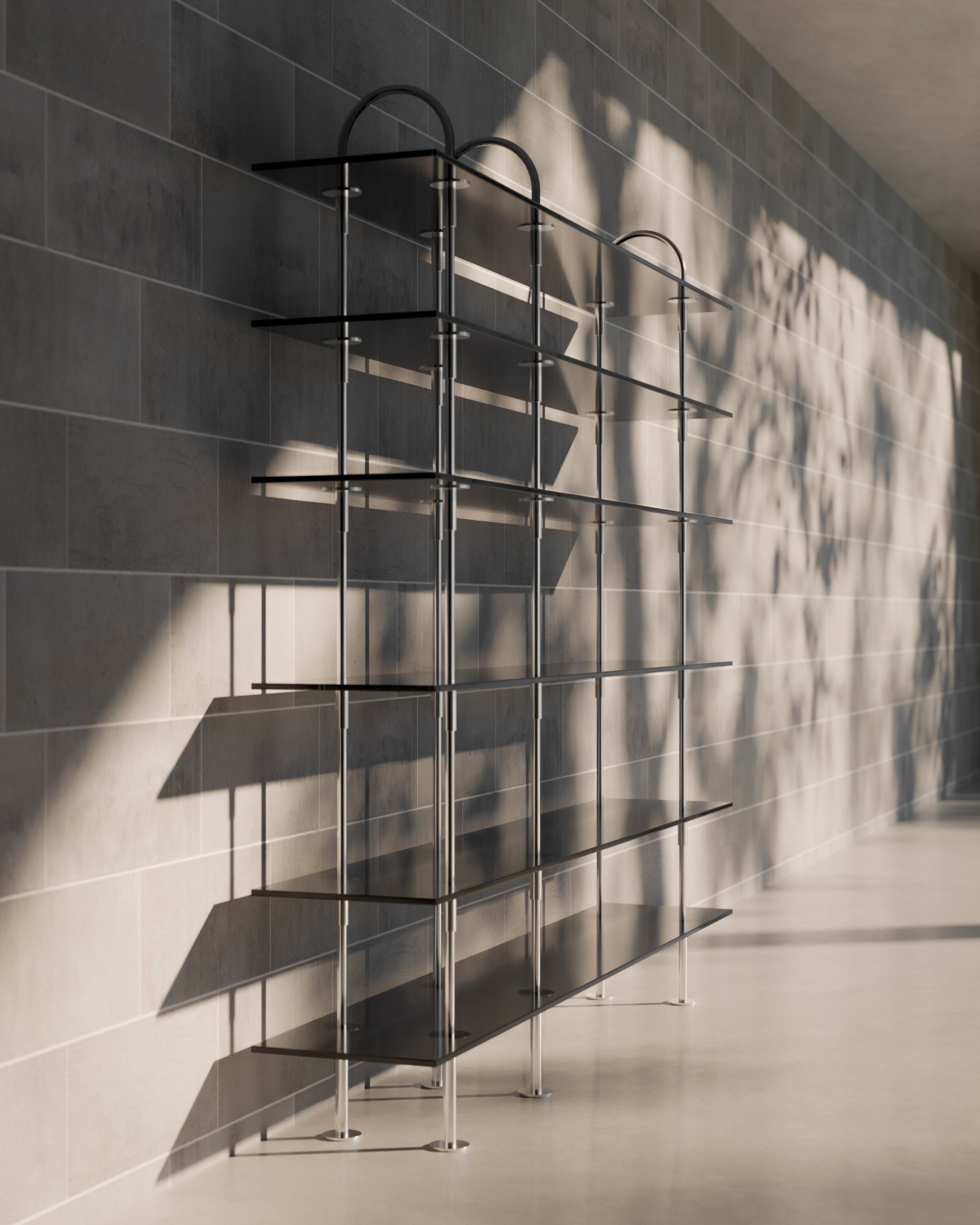 KEEN Shelf with Smoky Glass and Satin Steel Frame