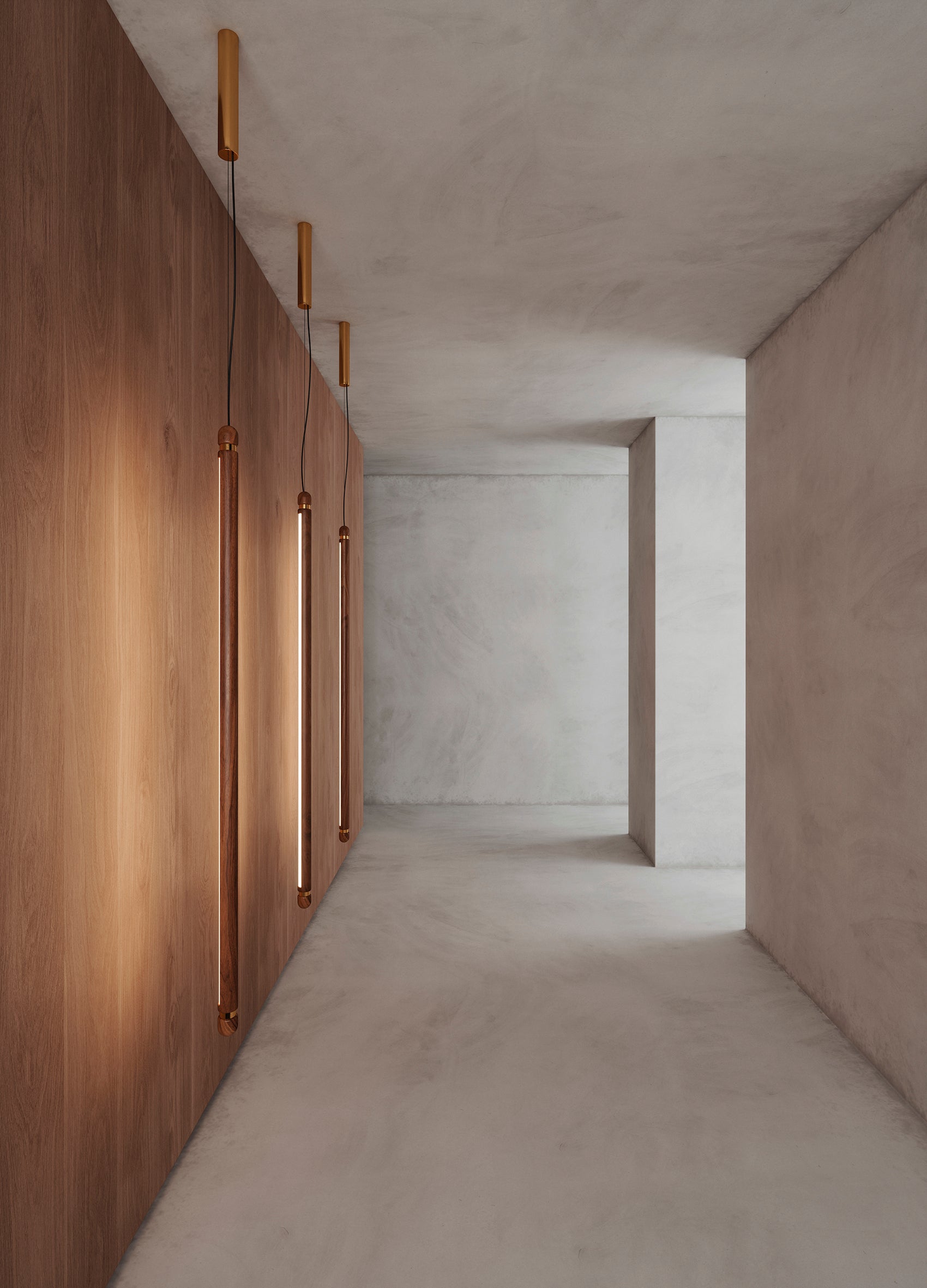 Závěsné svítidlo LINEA V ořechové dřevo s mosazným povrchem