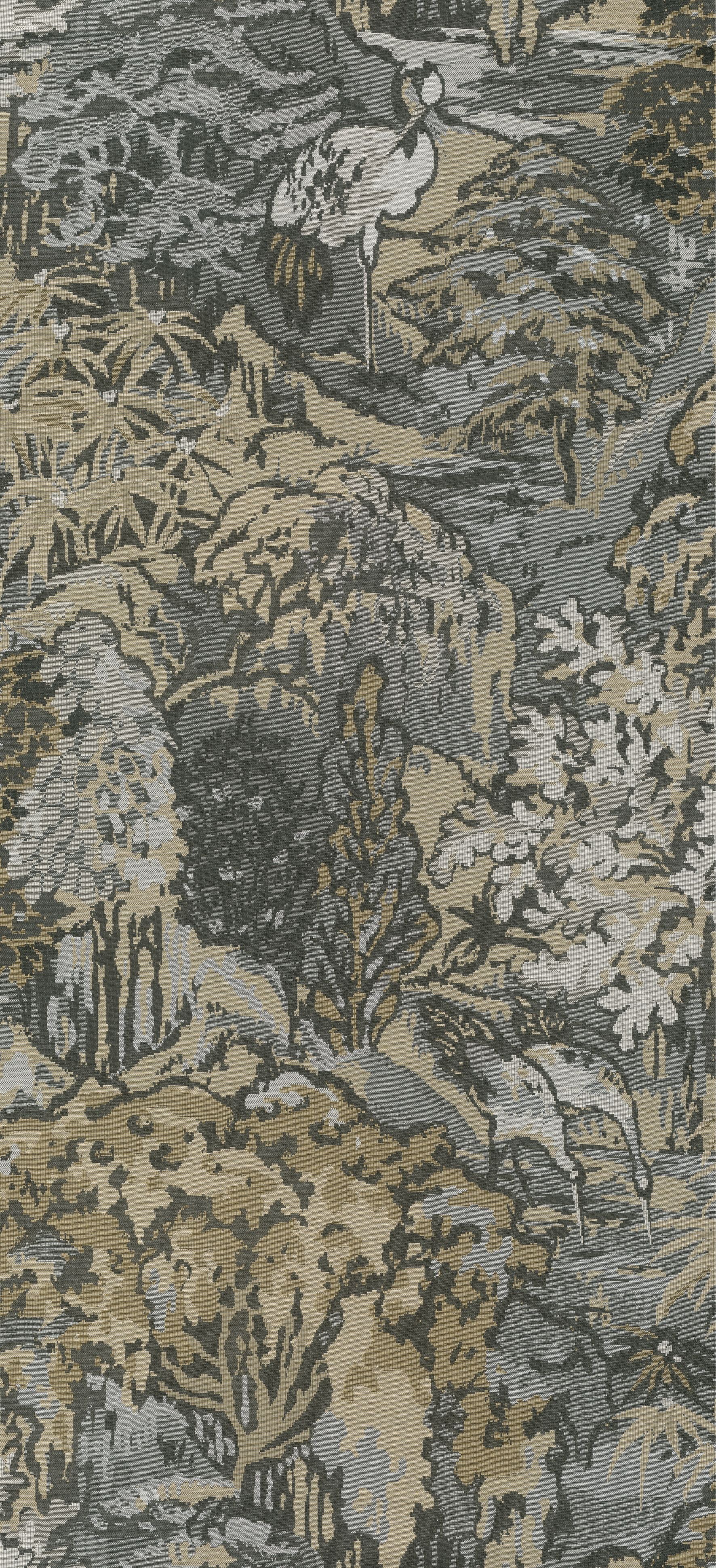 Textilní tapeta s rostlinným a zvířecím motivem RIVERBANK šedá s hnědou