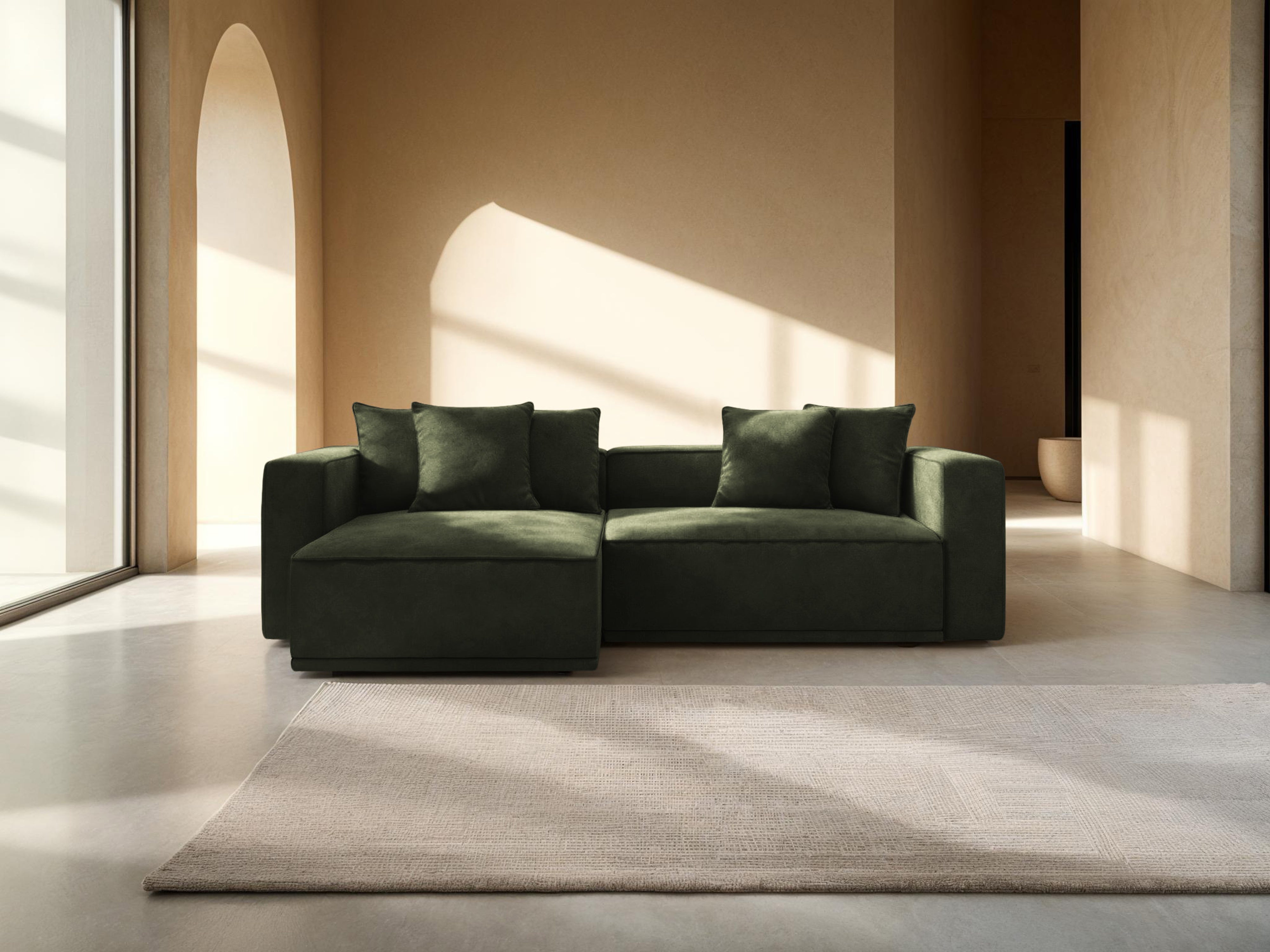 Zelený sametový rohový gauč s funkcí spaní RIBES levý