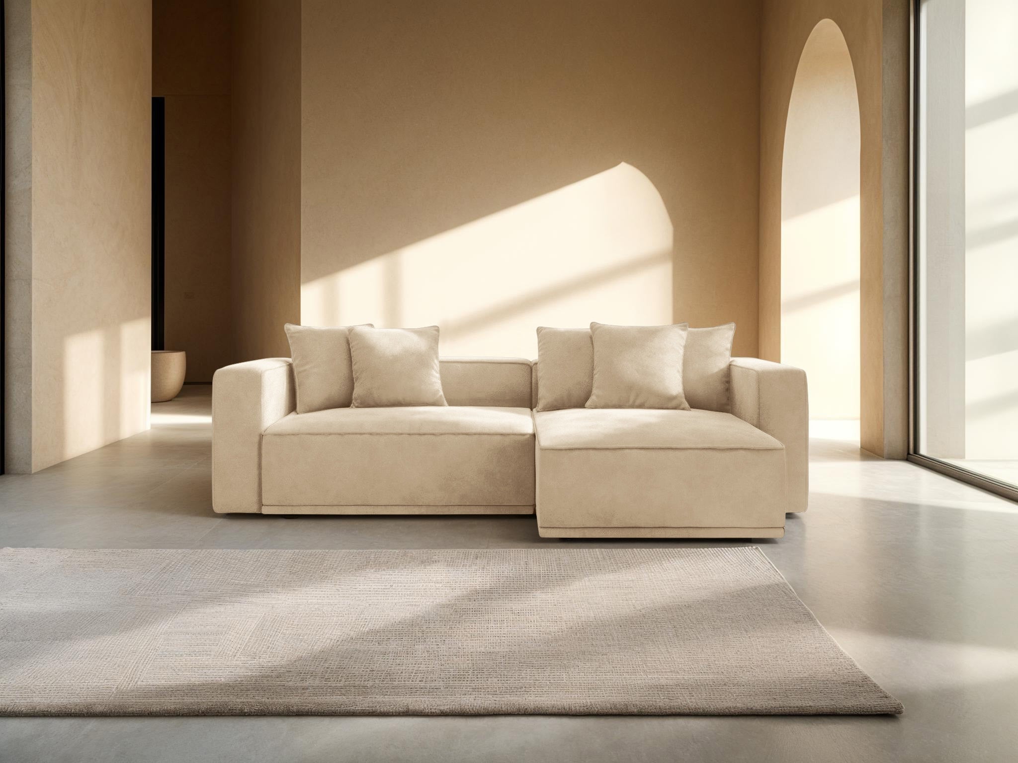 Right-facing velvet corner sofa bed RIBES light beige