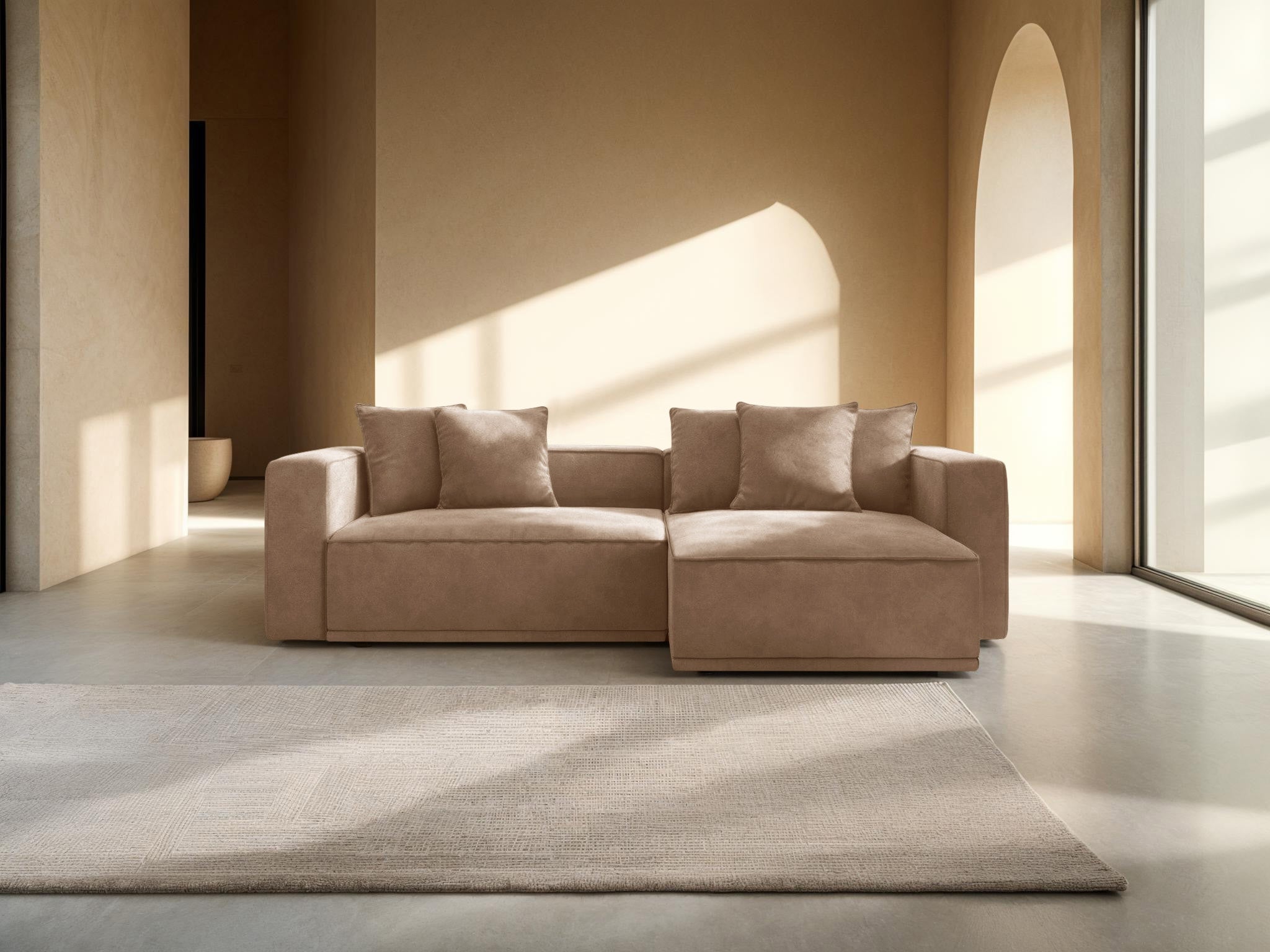 Right-facing velvet corner sofa bed RIBES in dark beige