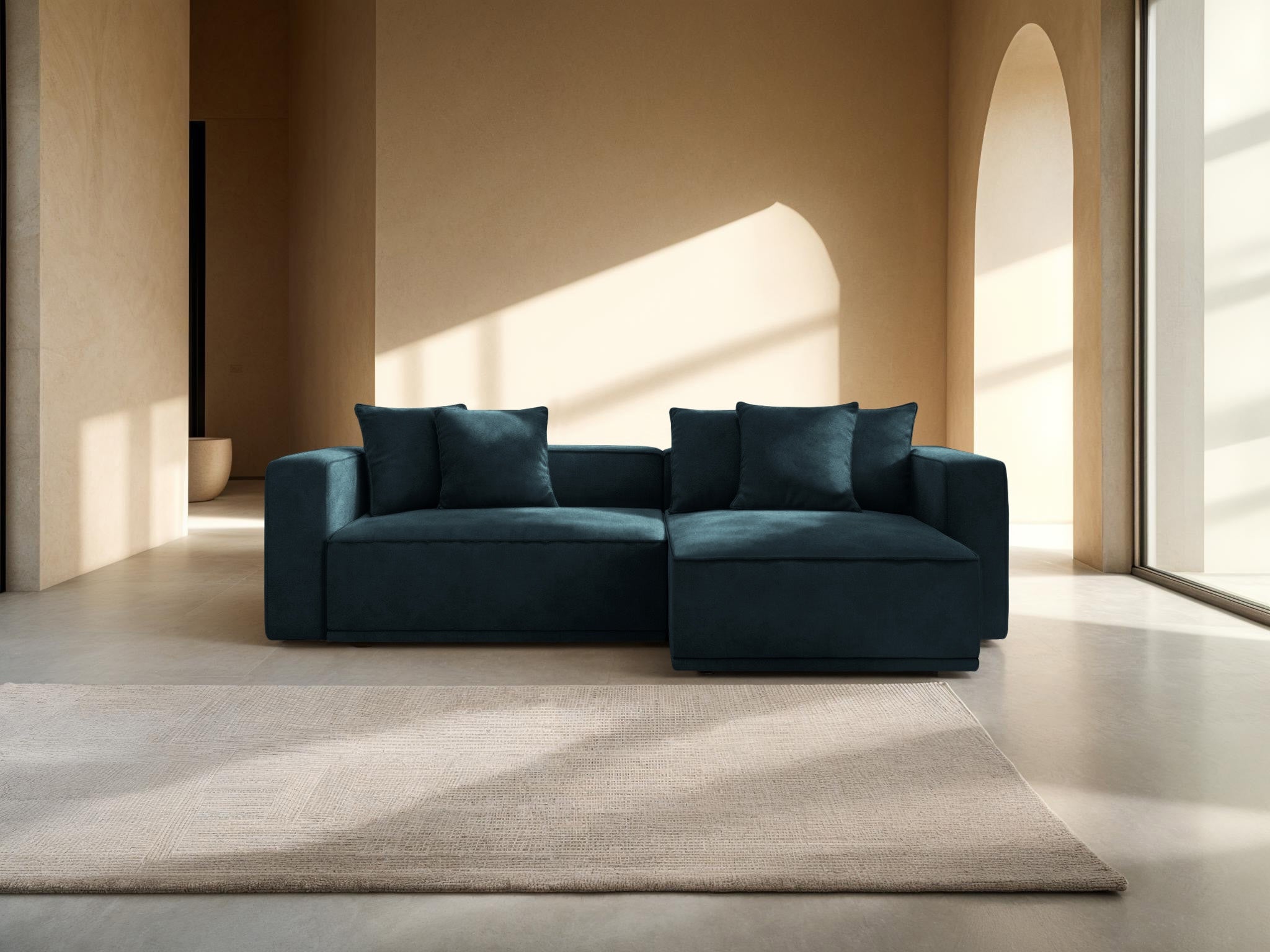 Right-facing velvet corner sofa bed RIBES petrol blue