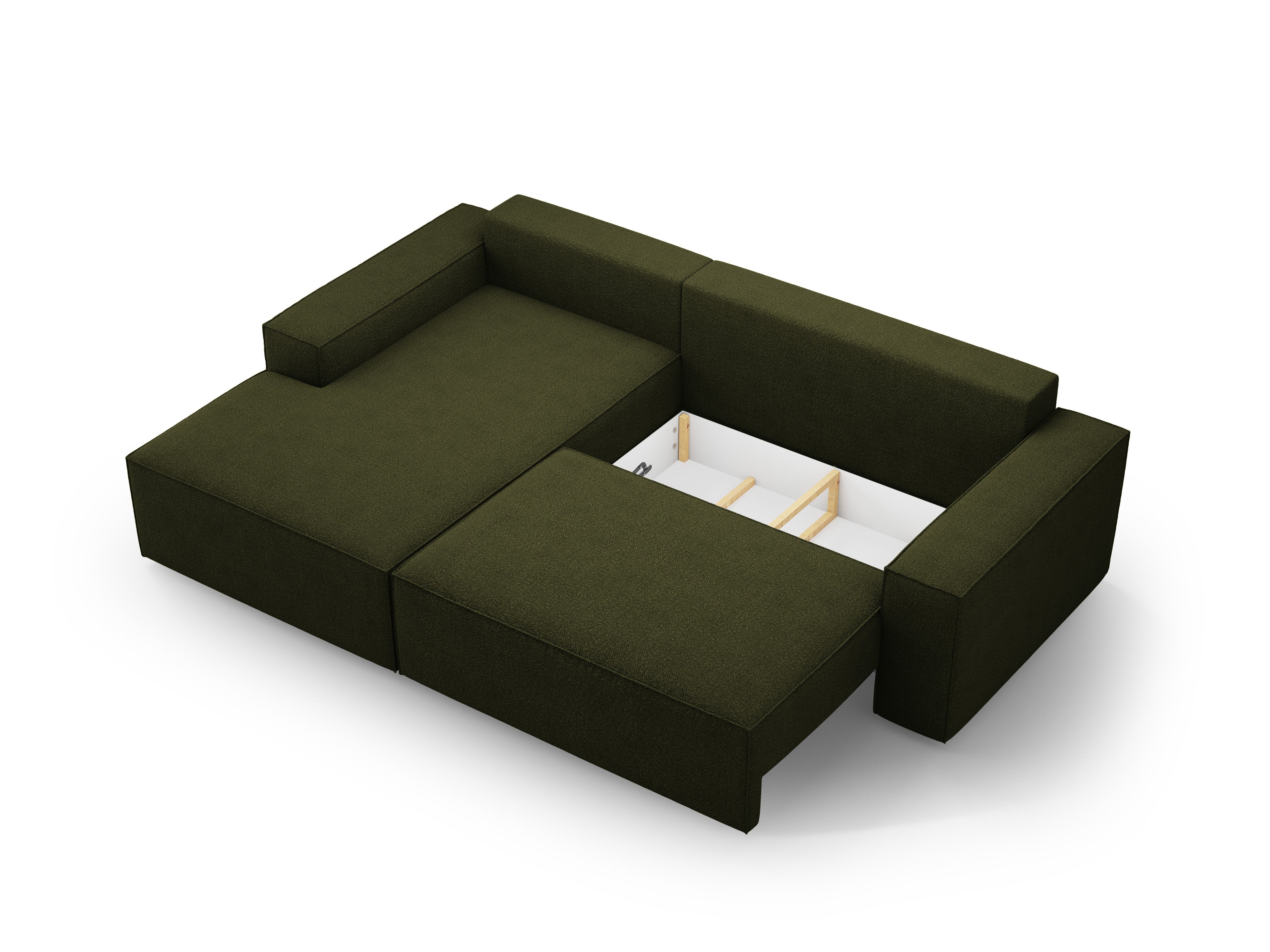 Left-facing corner sofa bed JODIE in dark olive green boucle