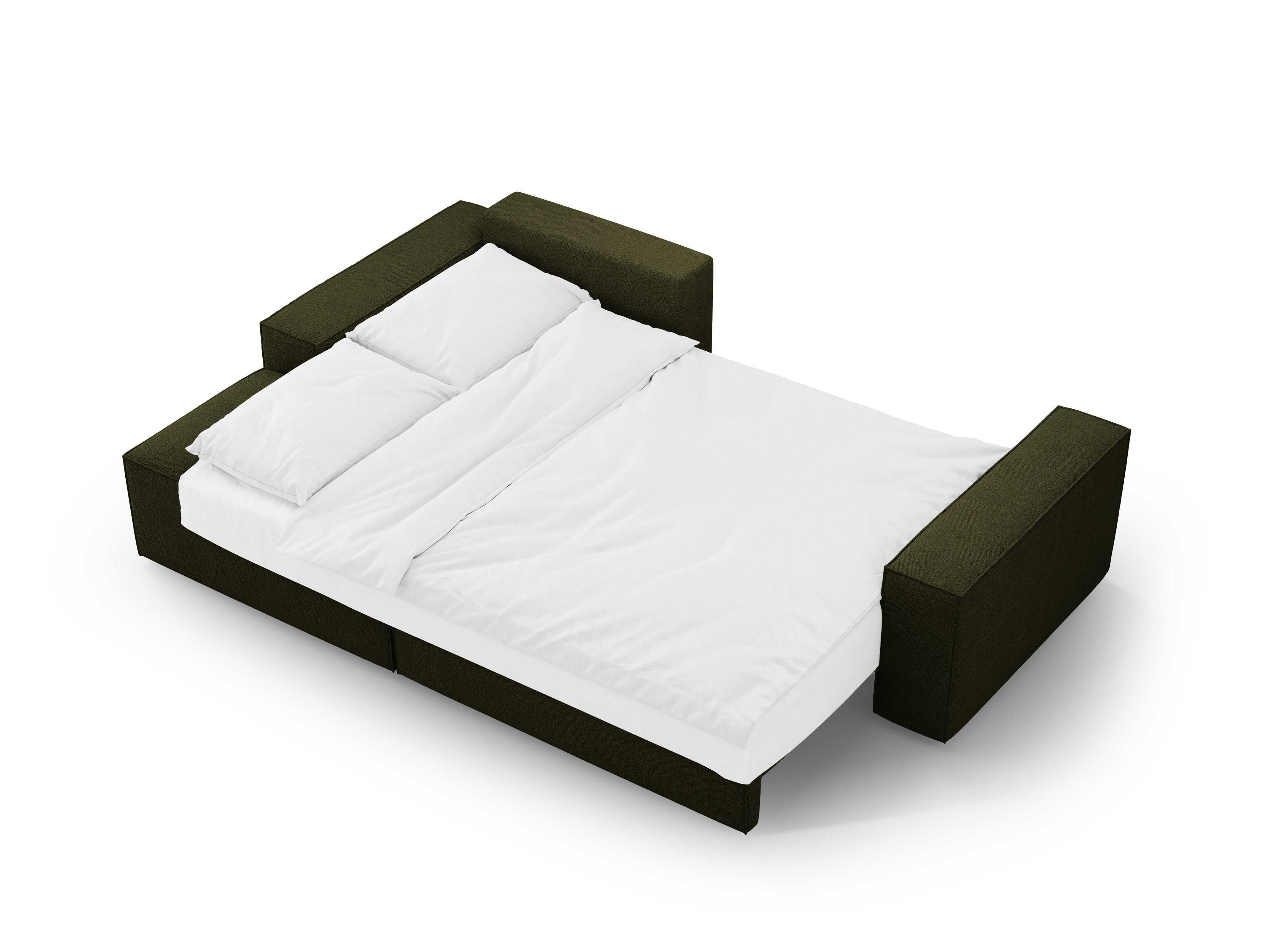 Left-facing corner sofa bed JODIE in dark olive green boucle