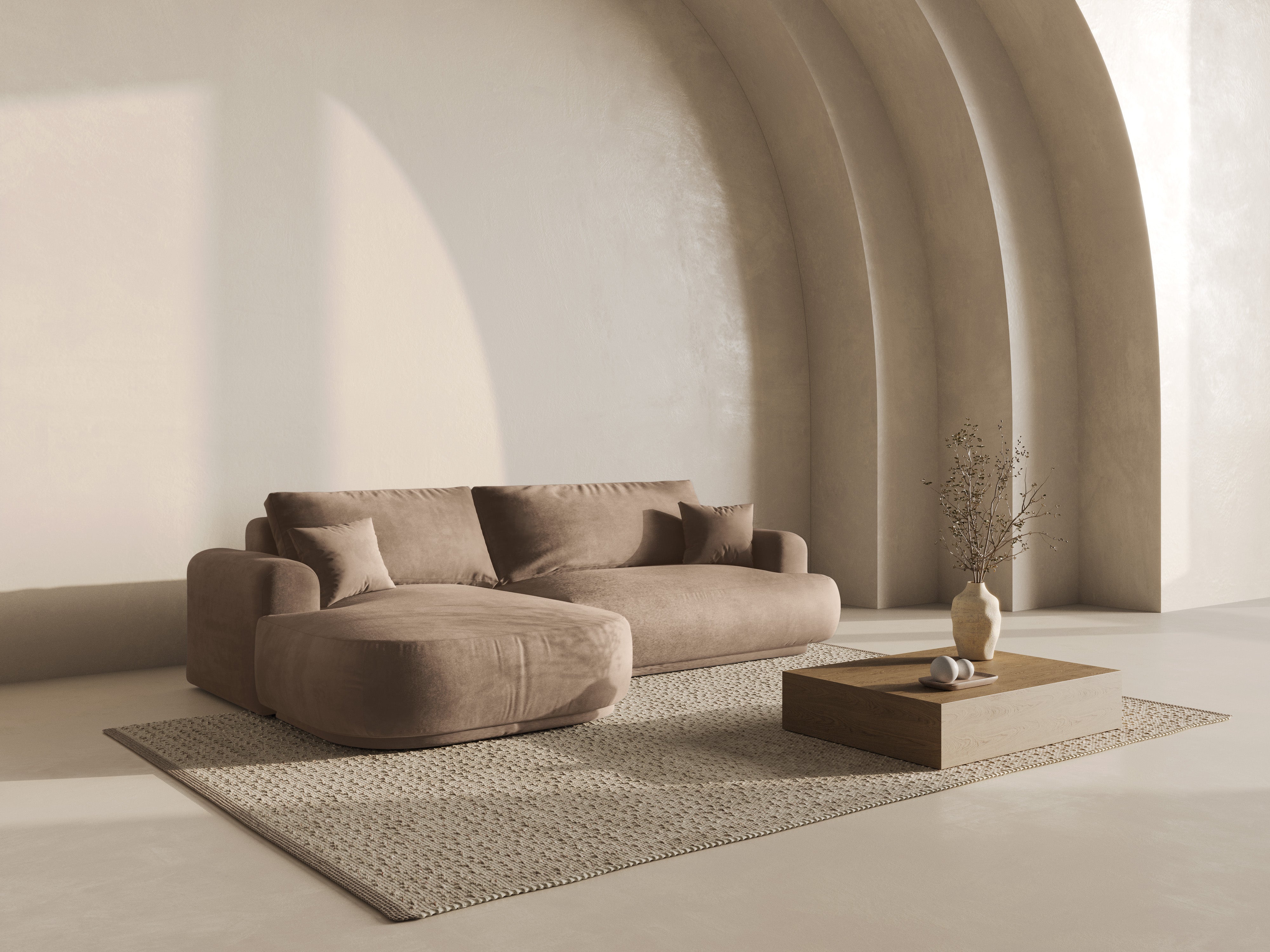 Rohová sedačka s funkcí spaní ELLA levostranná sametová tmavě béžová