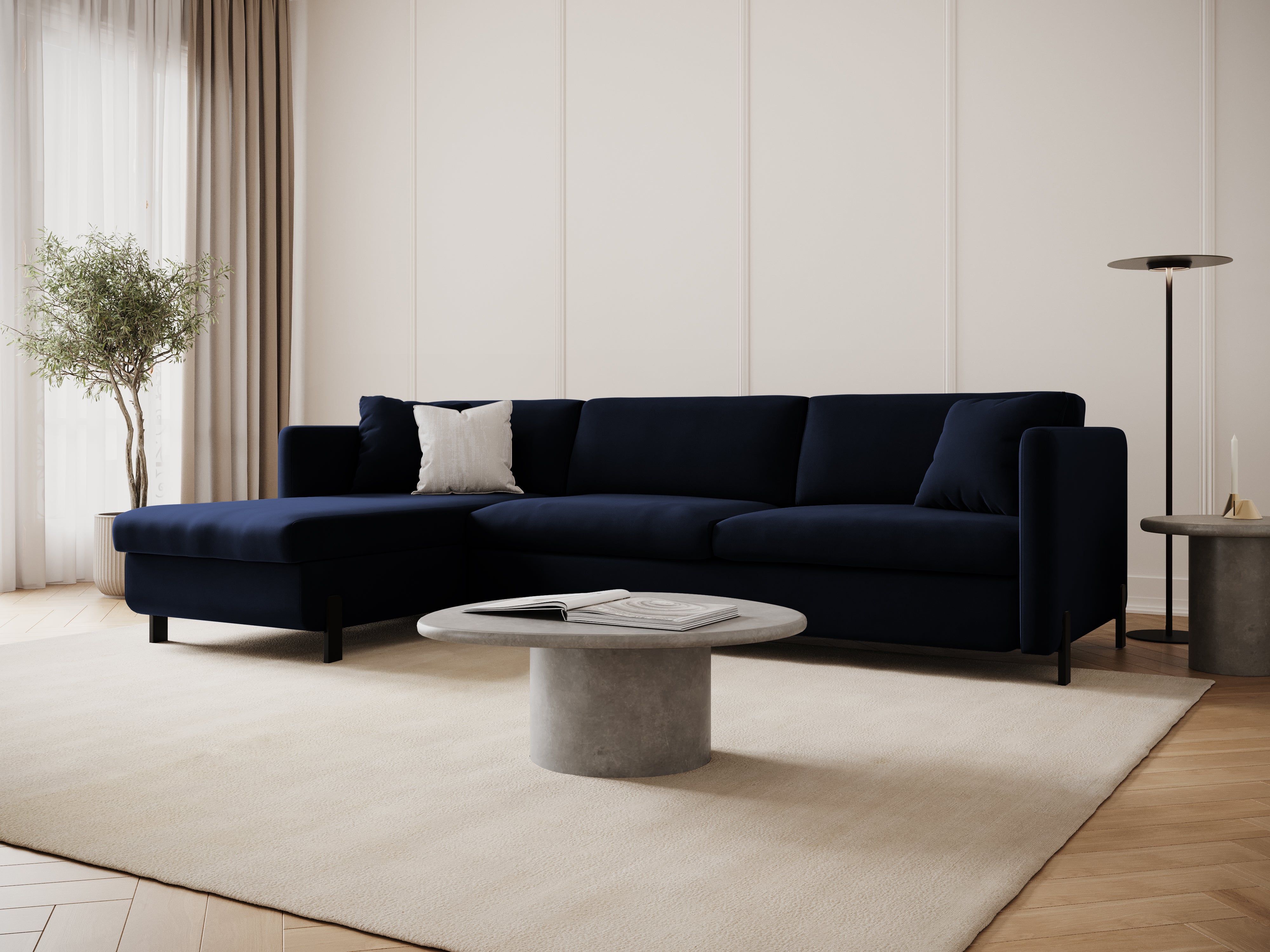 Left-facing velvet corner sofa with sleeping function GLORIA royal blue