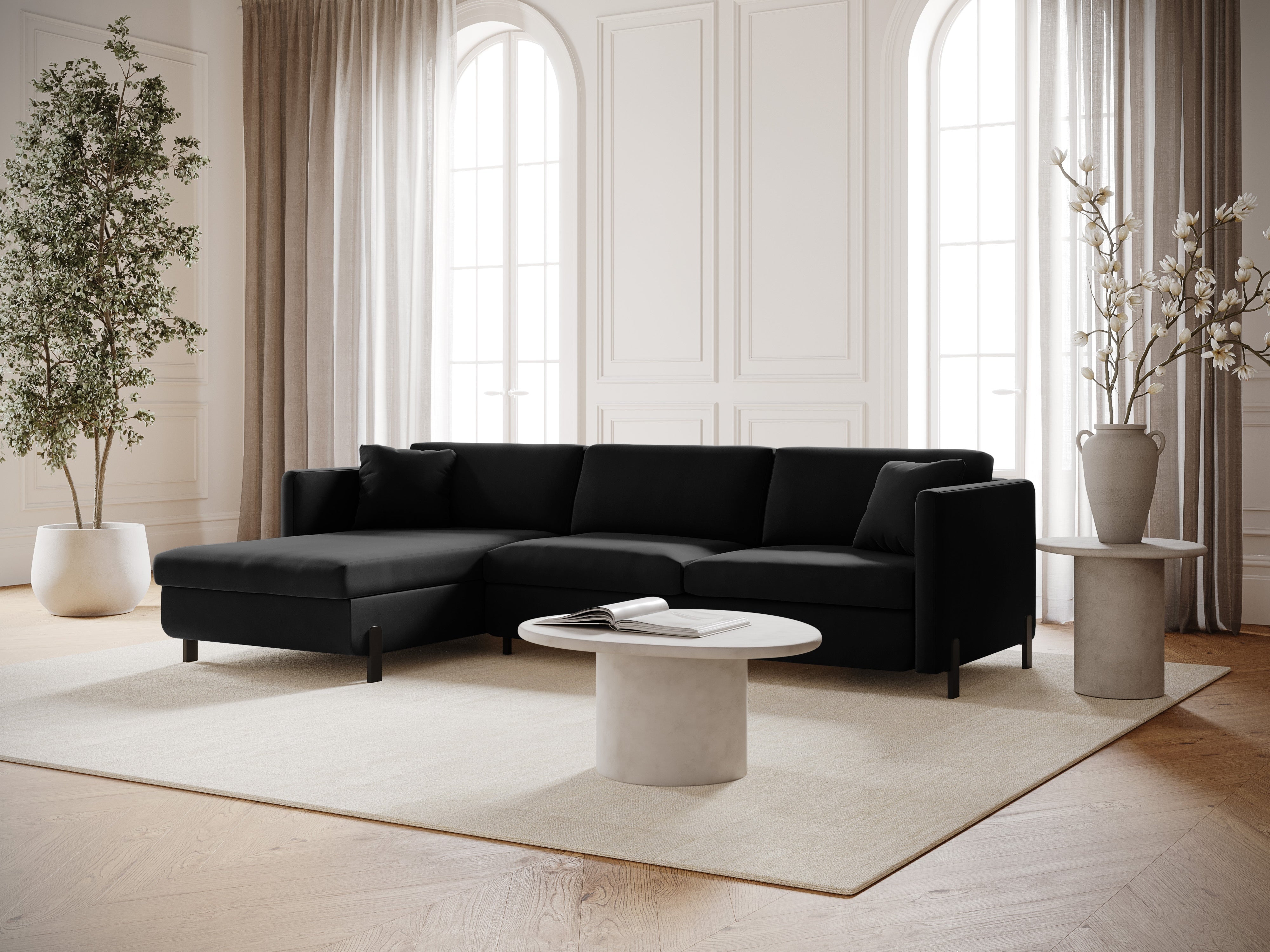 Narożnik aksamitny lewostronny z funkcją spania GLORIA czarny