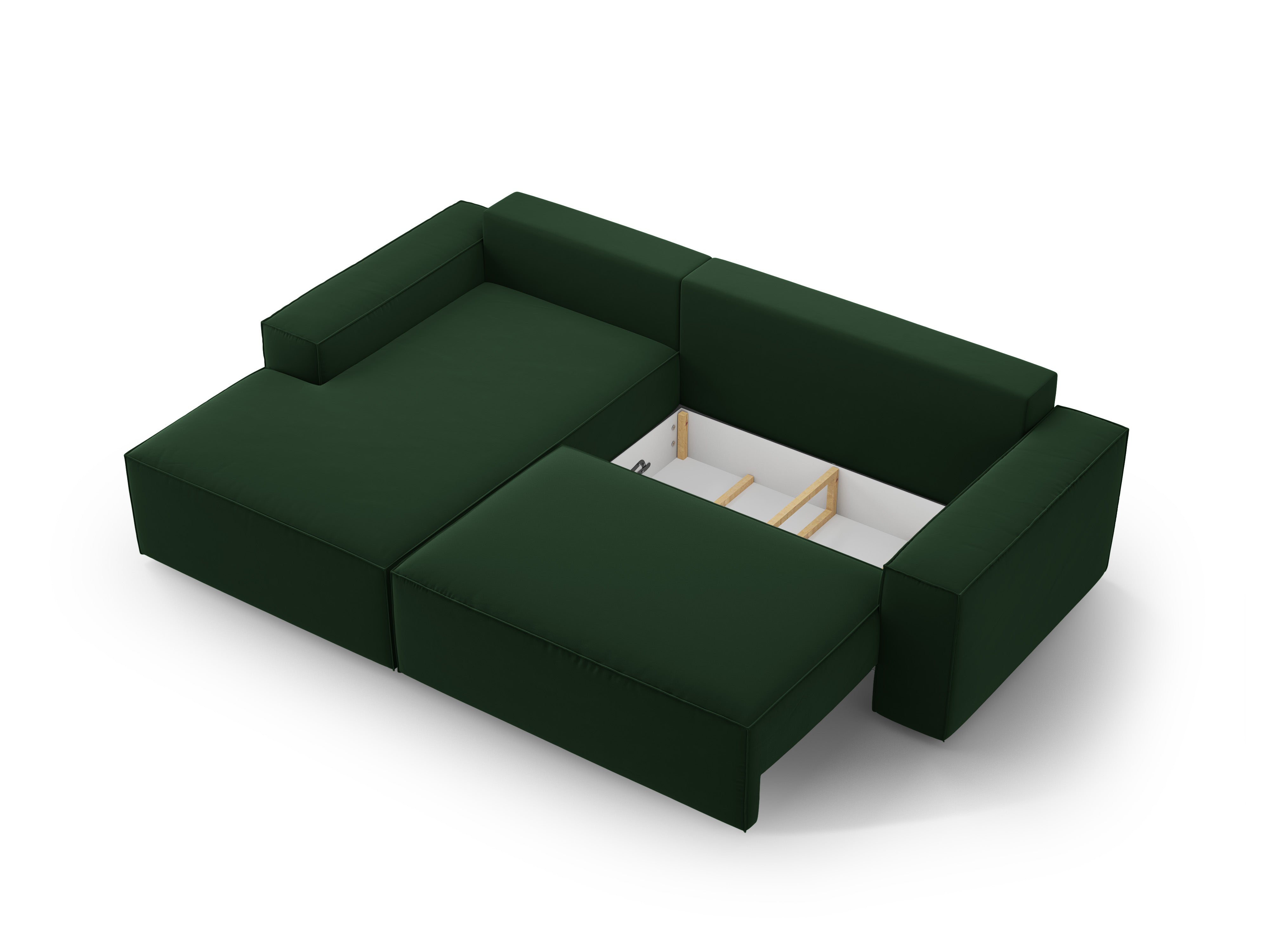 Left-facing velvet corner sofa bed JODIE in bottle green