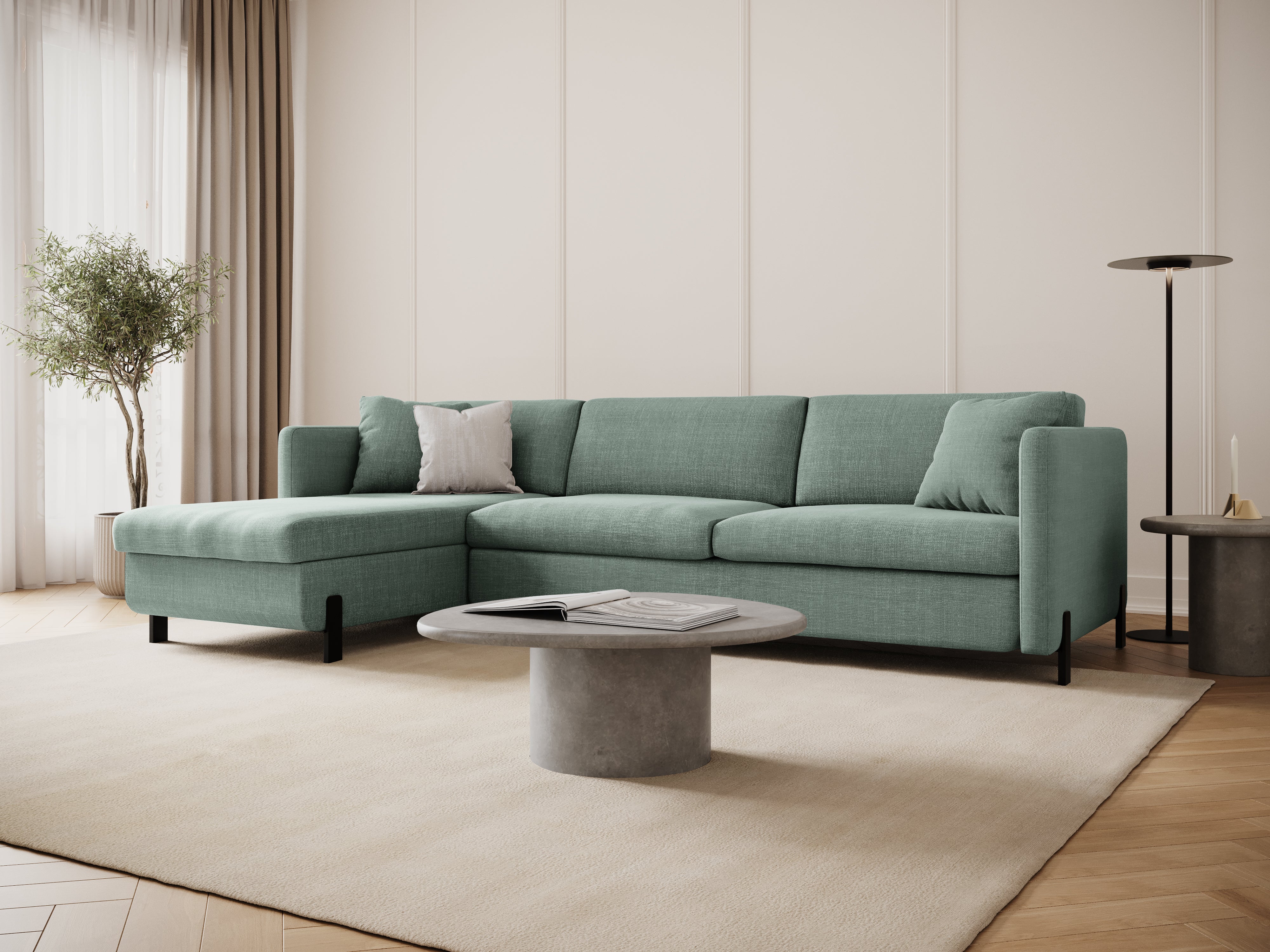 Left-sided corner sofa for 4 people with sleeping function GLORIA mint chenille