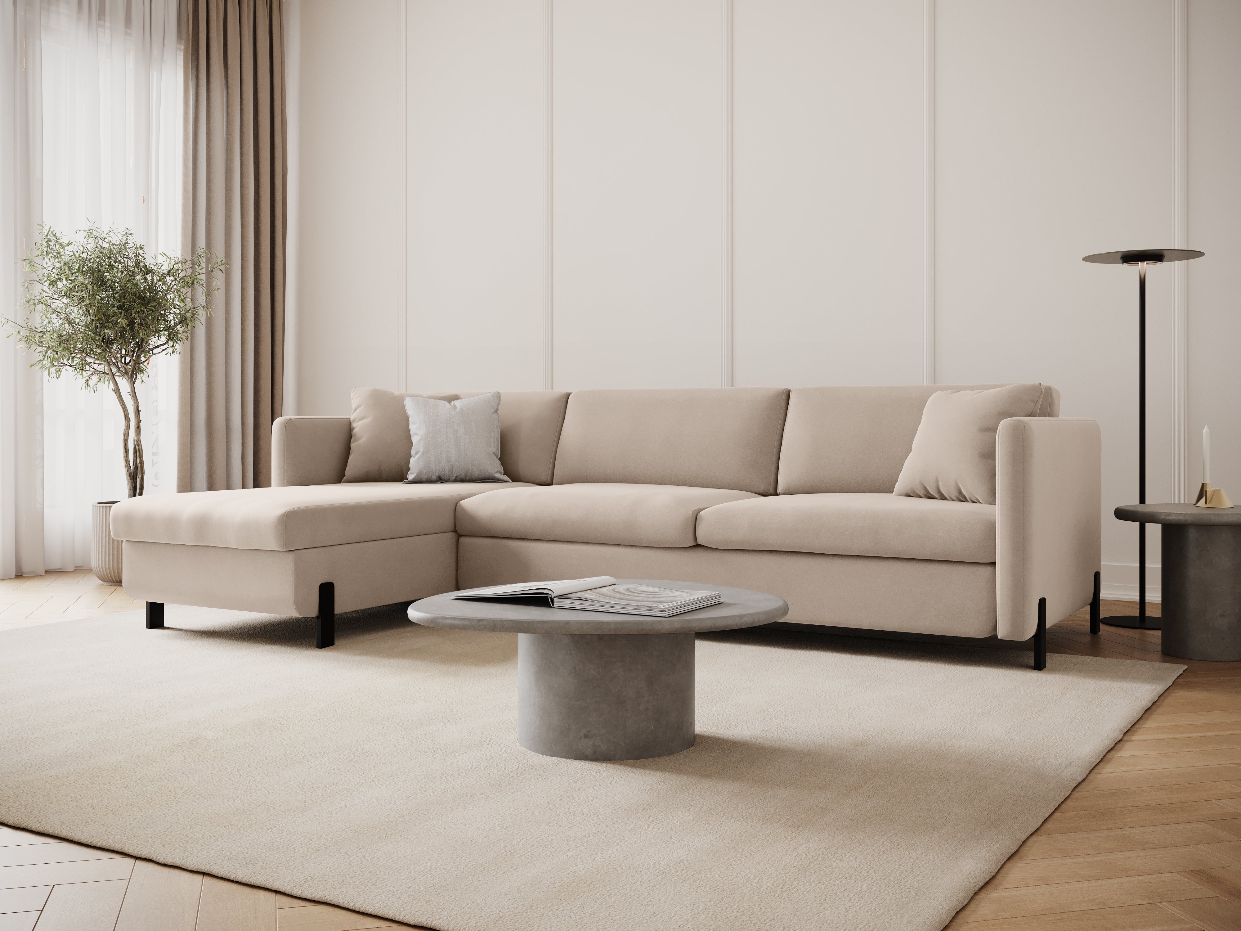 Left-facing velvet corner sofa for 4 people with sleeping function GLORIA beige