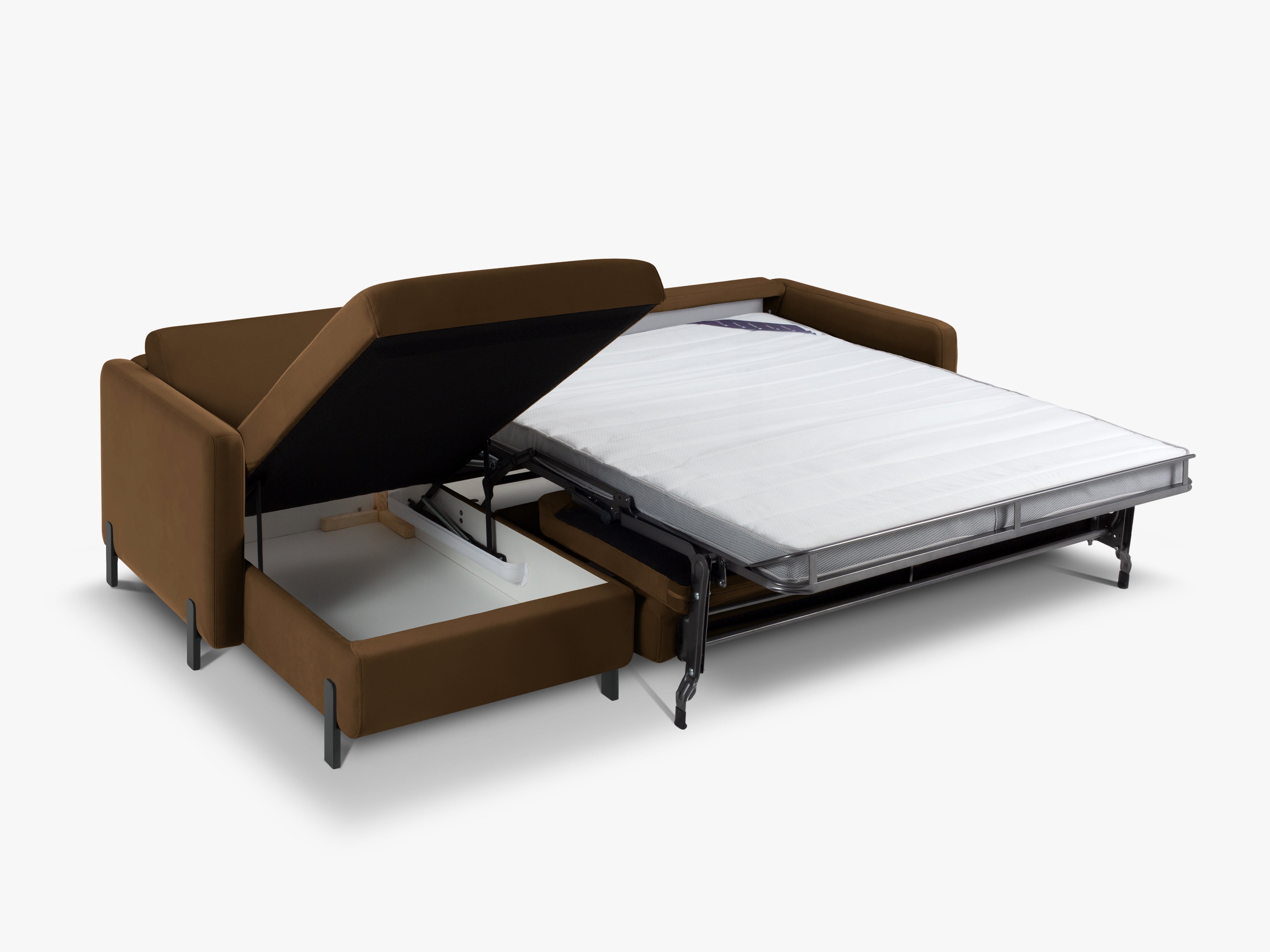 Sametový rohový gauč levostranný pro 4 osoby s funkcí spaní GLORIA čokoládový