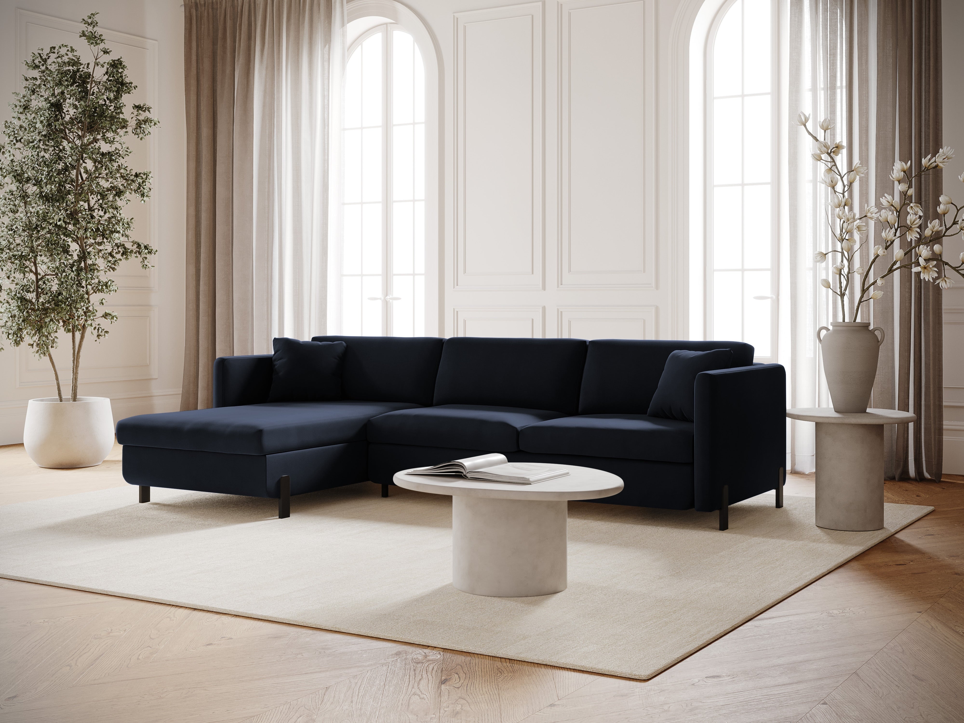 Left-facing velvet corner sofa for 4 people with sleeping function GLORIA royal blue