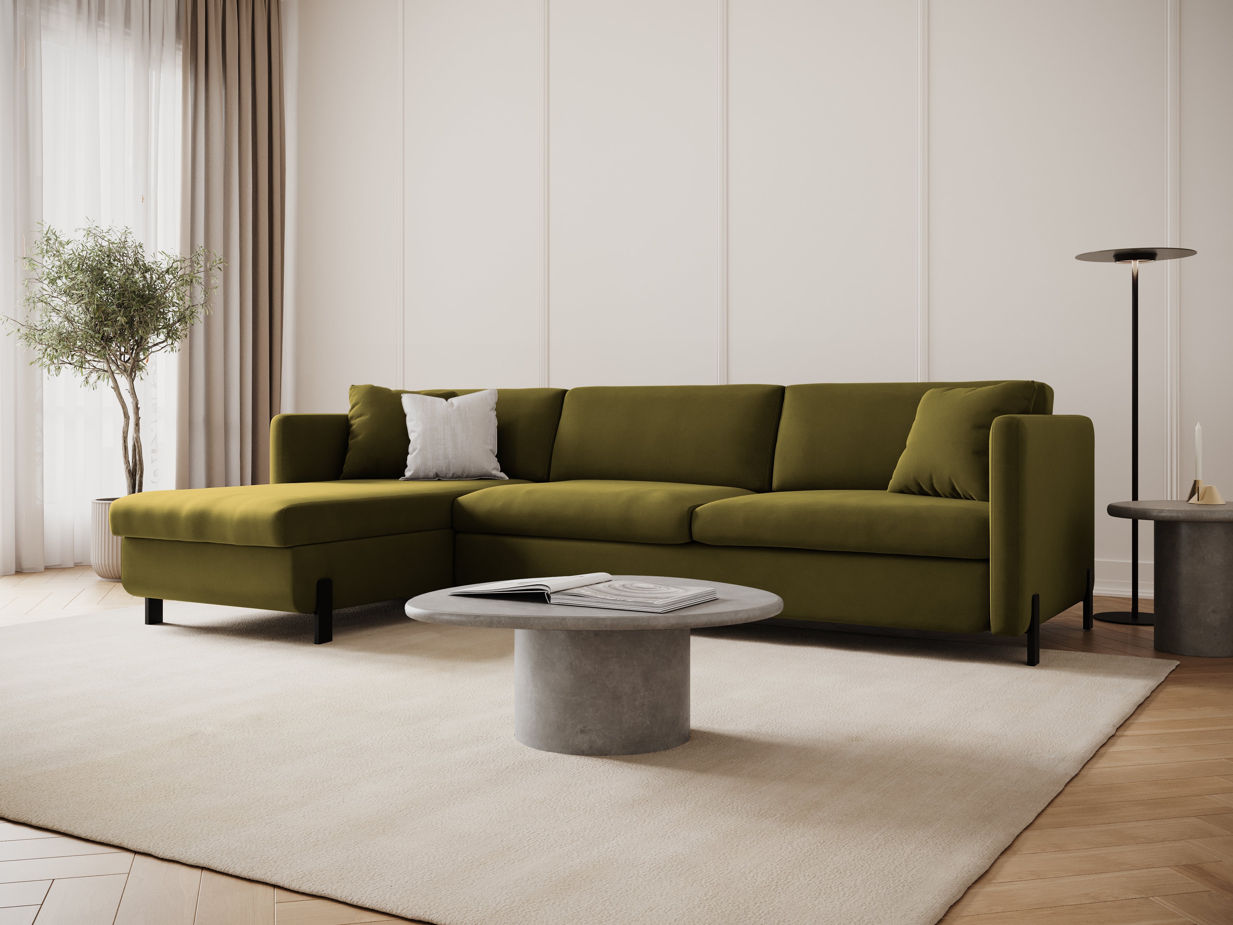 Left-facing velvet corner sofa for 4 people with sleeping function GLORIA green