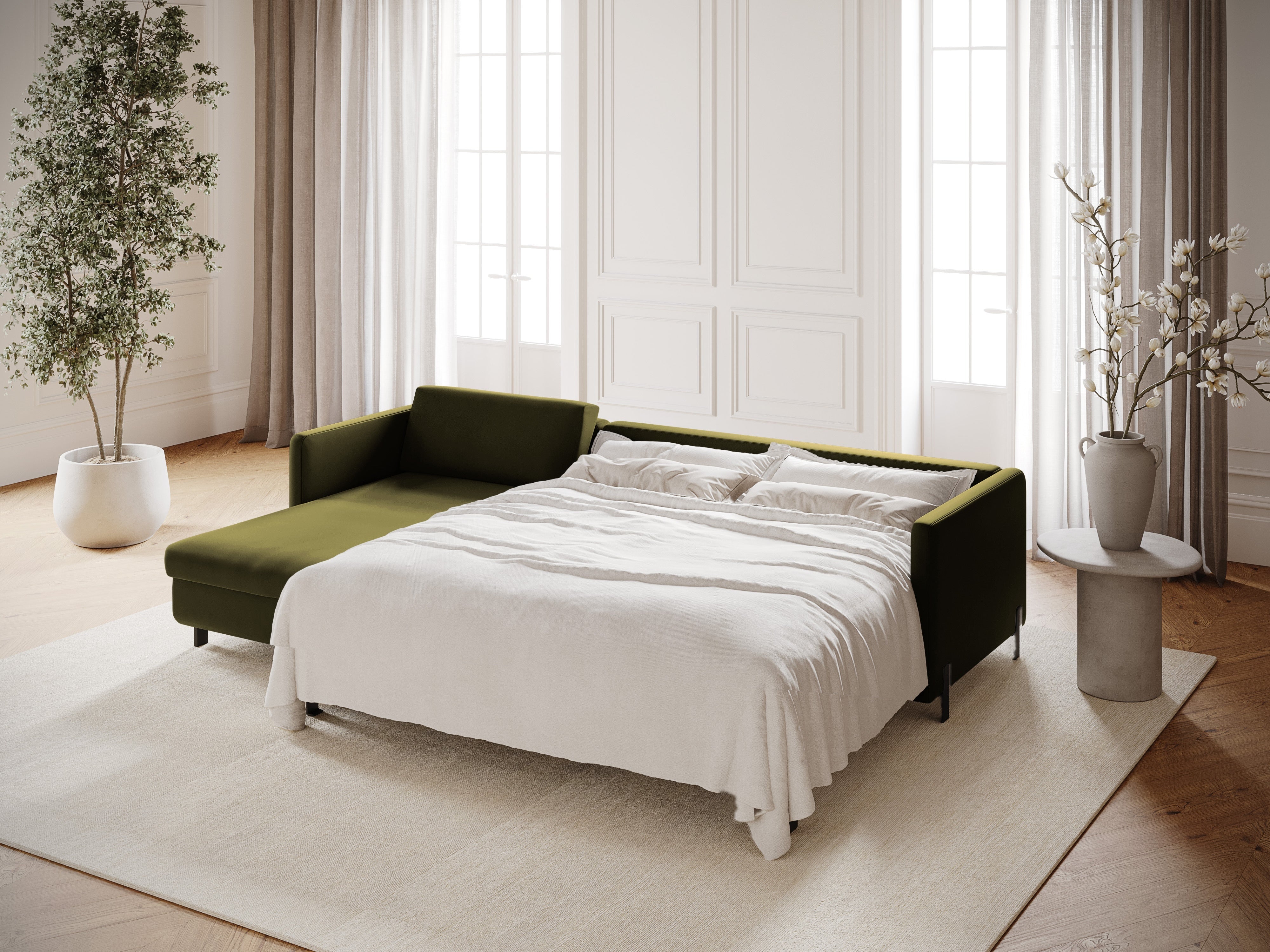 Left-facing velvet corner sofa for 4 people with sleeping function GLORIA green