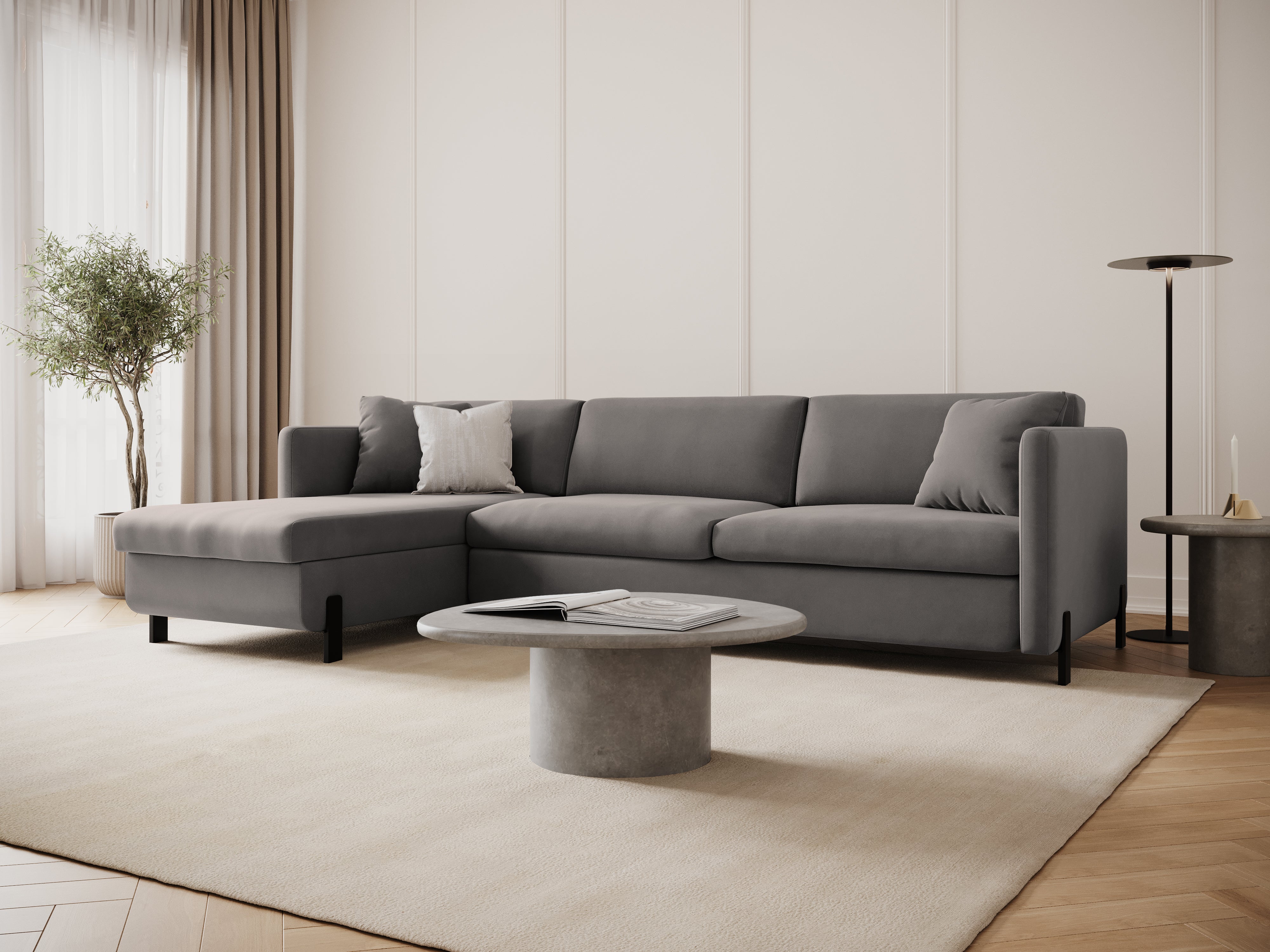 Gray left-facing velvet corner sofa for 4 people with sleeping function GLORIA
