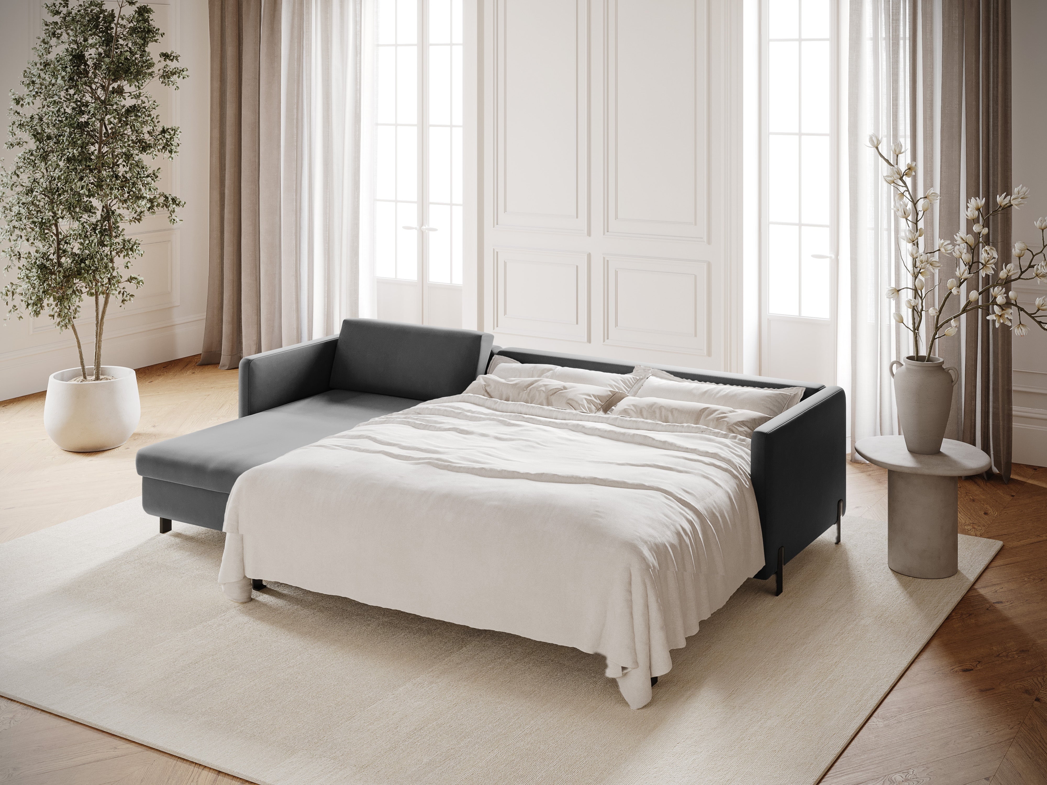 Gray left-facing velvet corner sofa for 4 people with sleeping function GLORIA