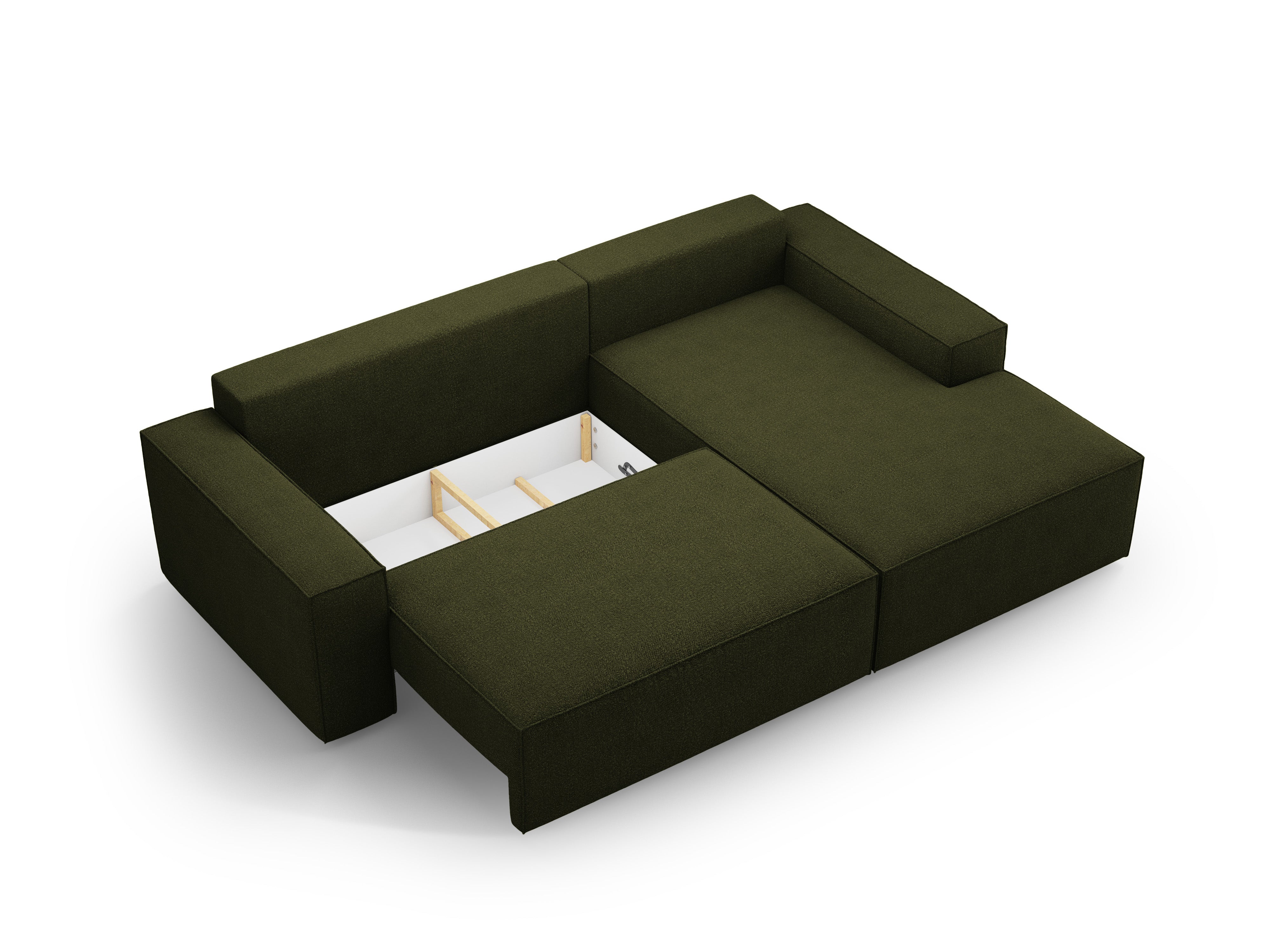 Right-facing corner sofa bed JODIE dark olive green boucle