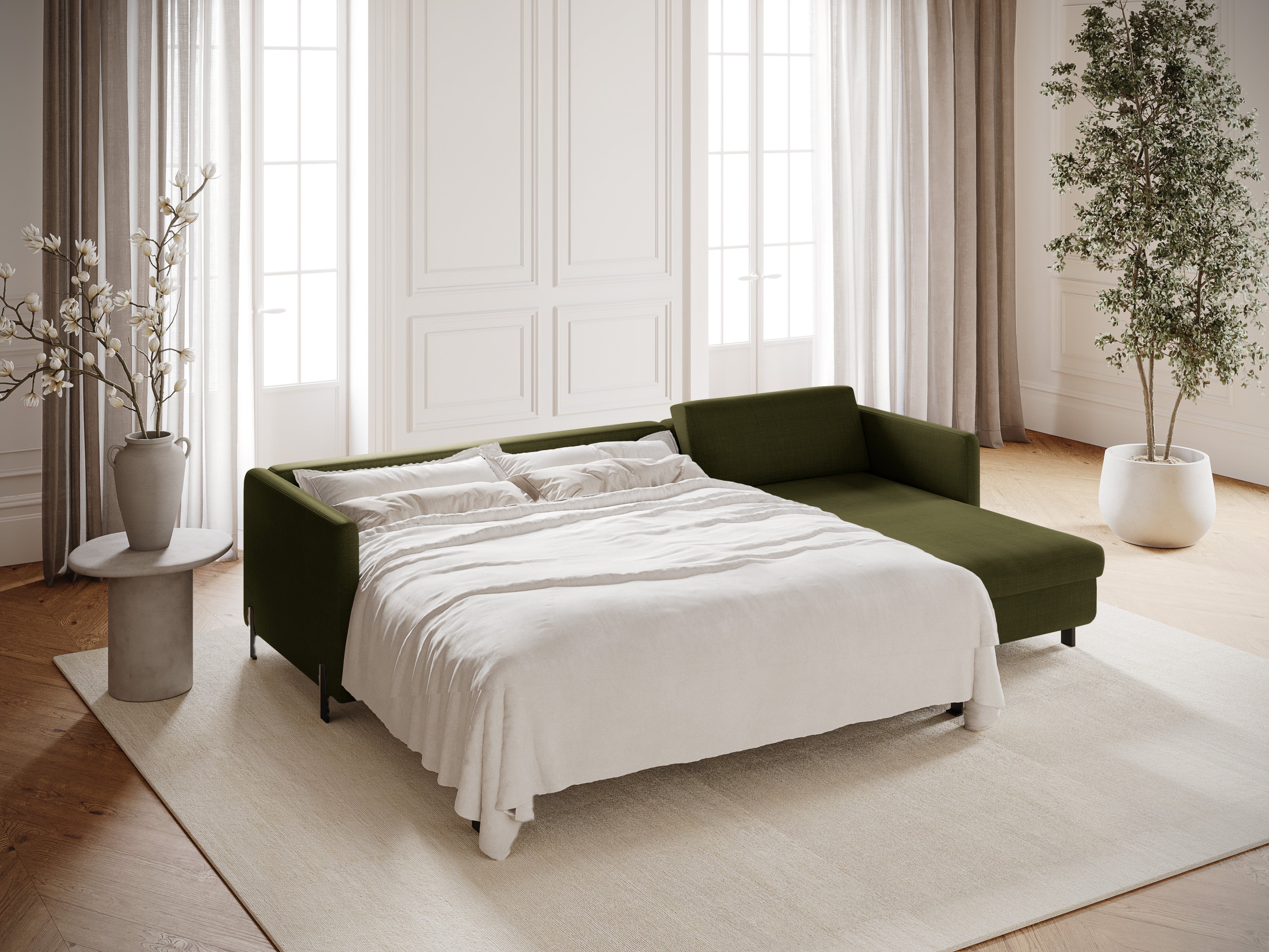 Pravostranný rohový gauč s funkcí spaní GLORIA zelený šenil