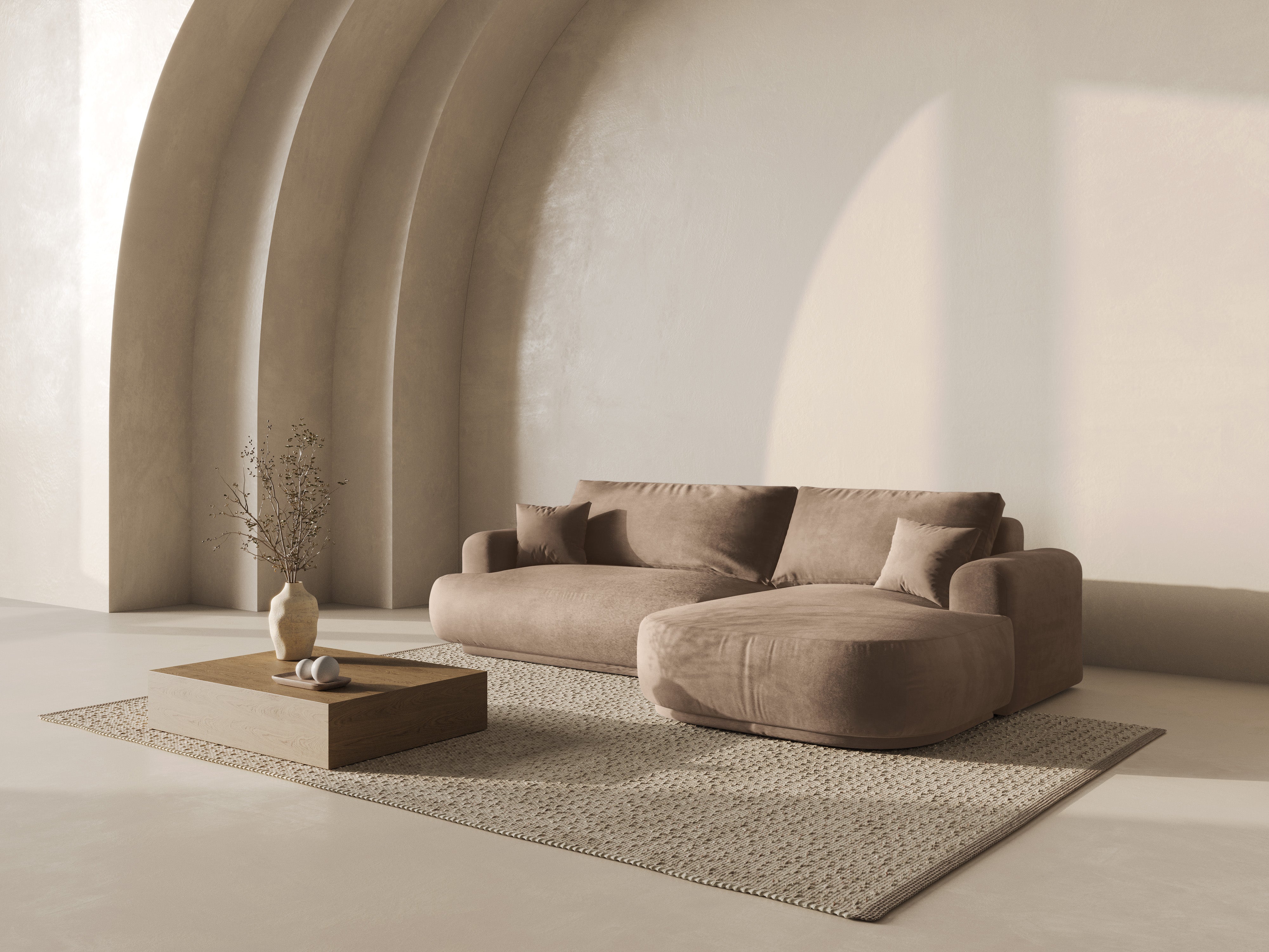 Pravostranný sametový rohový gauč s funkcí spaní ELLA tmavě béžový